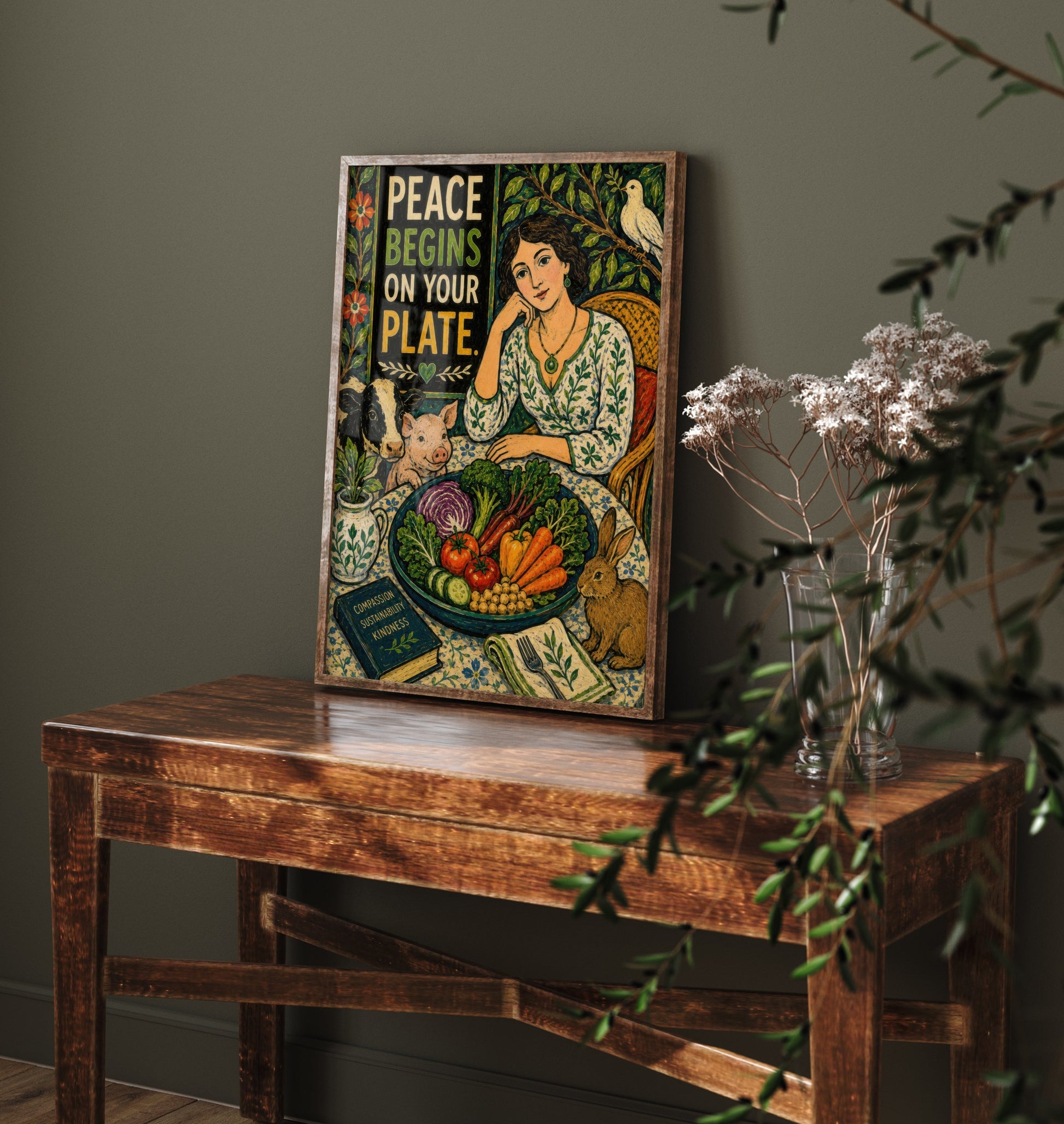 Peace Begins on Your Plate Art Print - Folk Art Vegan Quote Poster - Compassion Illustration Wall Art 1/3