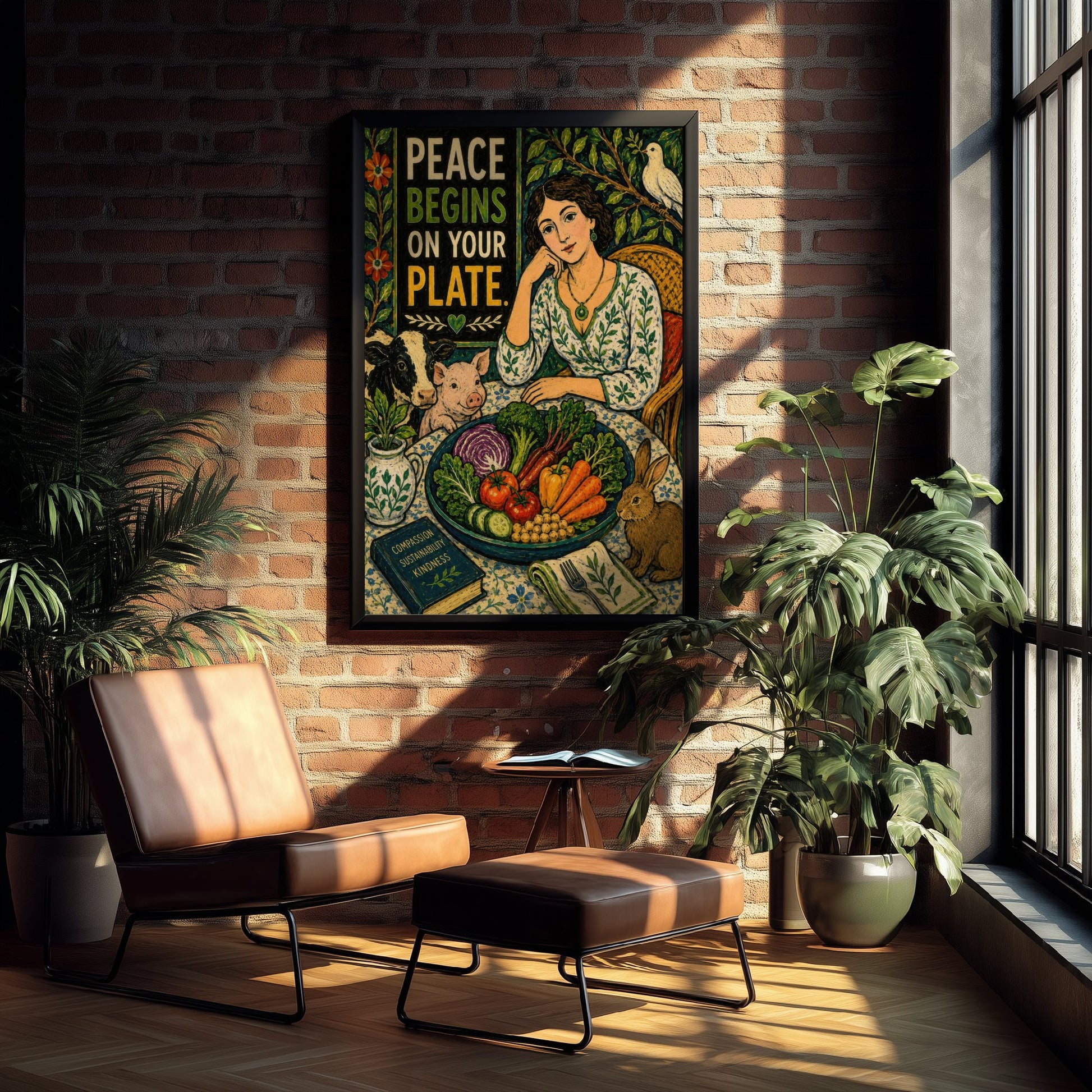 Peace Begins on Your Plate Art Print - Folk Art Vegan Quote Poster - Compassion Illustration Wall Art 1/3