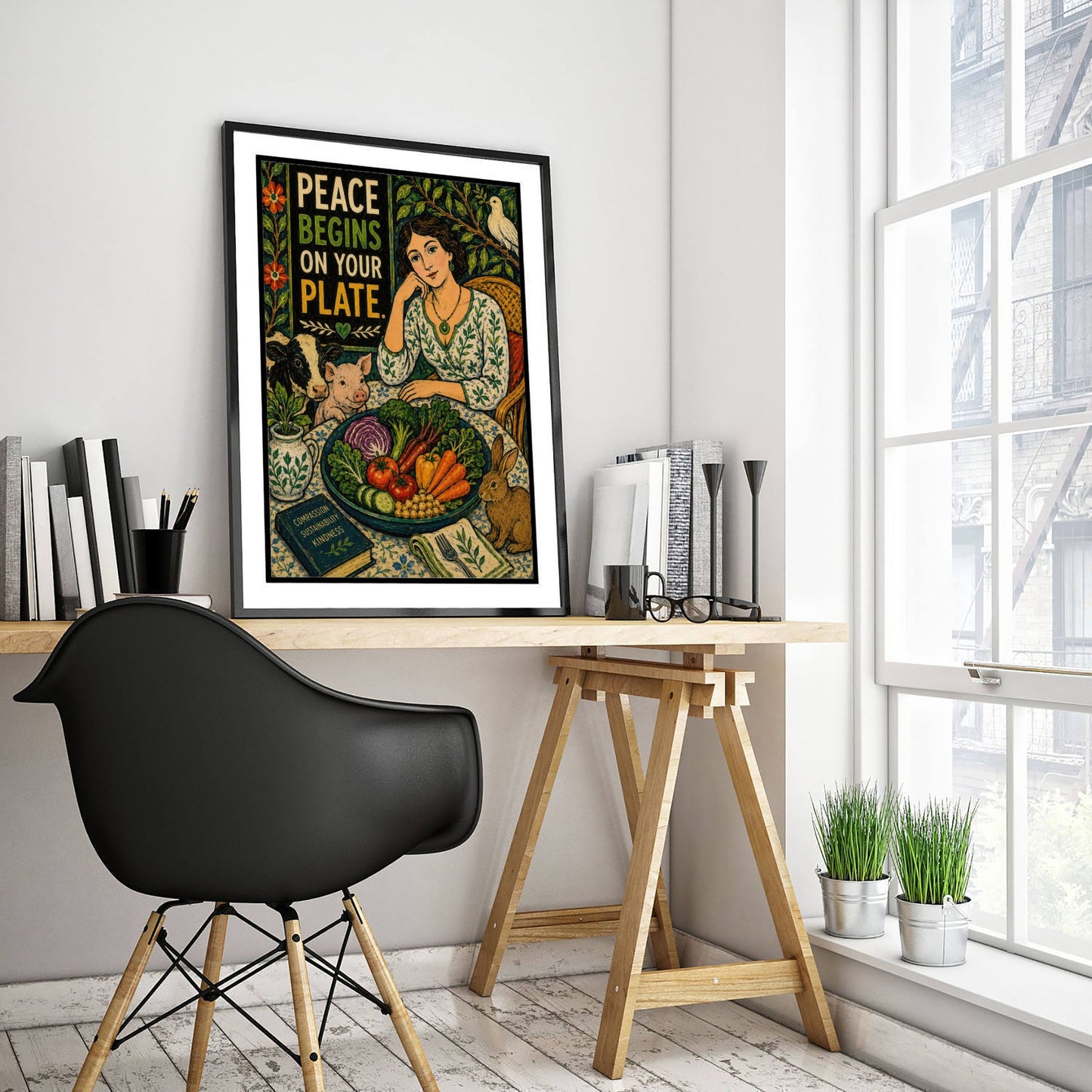 Peace Begins on Your Plate Art Print - Folk Art Vegan Quote Poster - Compassion Illustration Wall Art 1/3