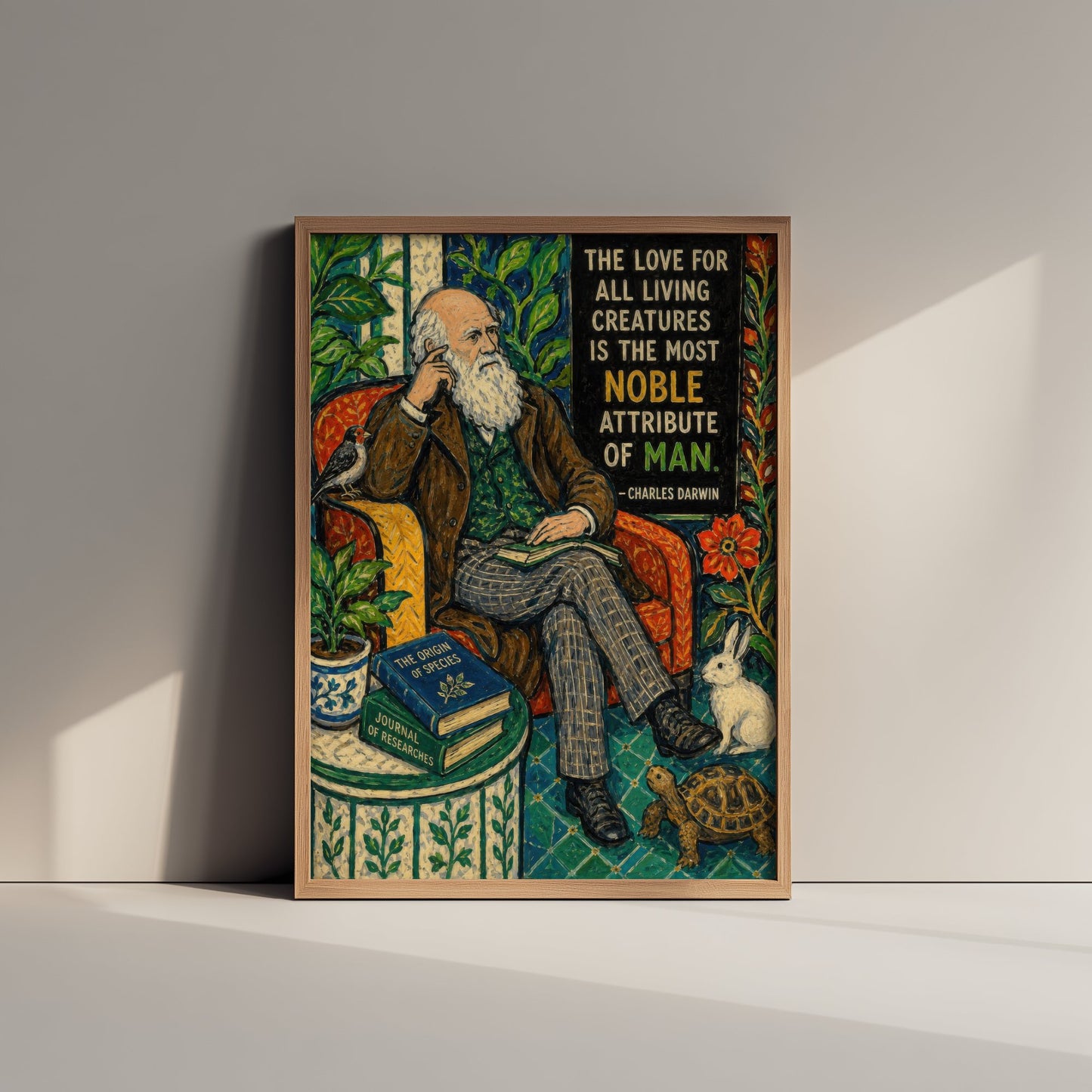 Charles Darwin Quote Art Print - Love for All Living Creatures Vegan Poster - Folk Art Illustration 2/3