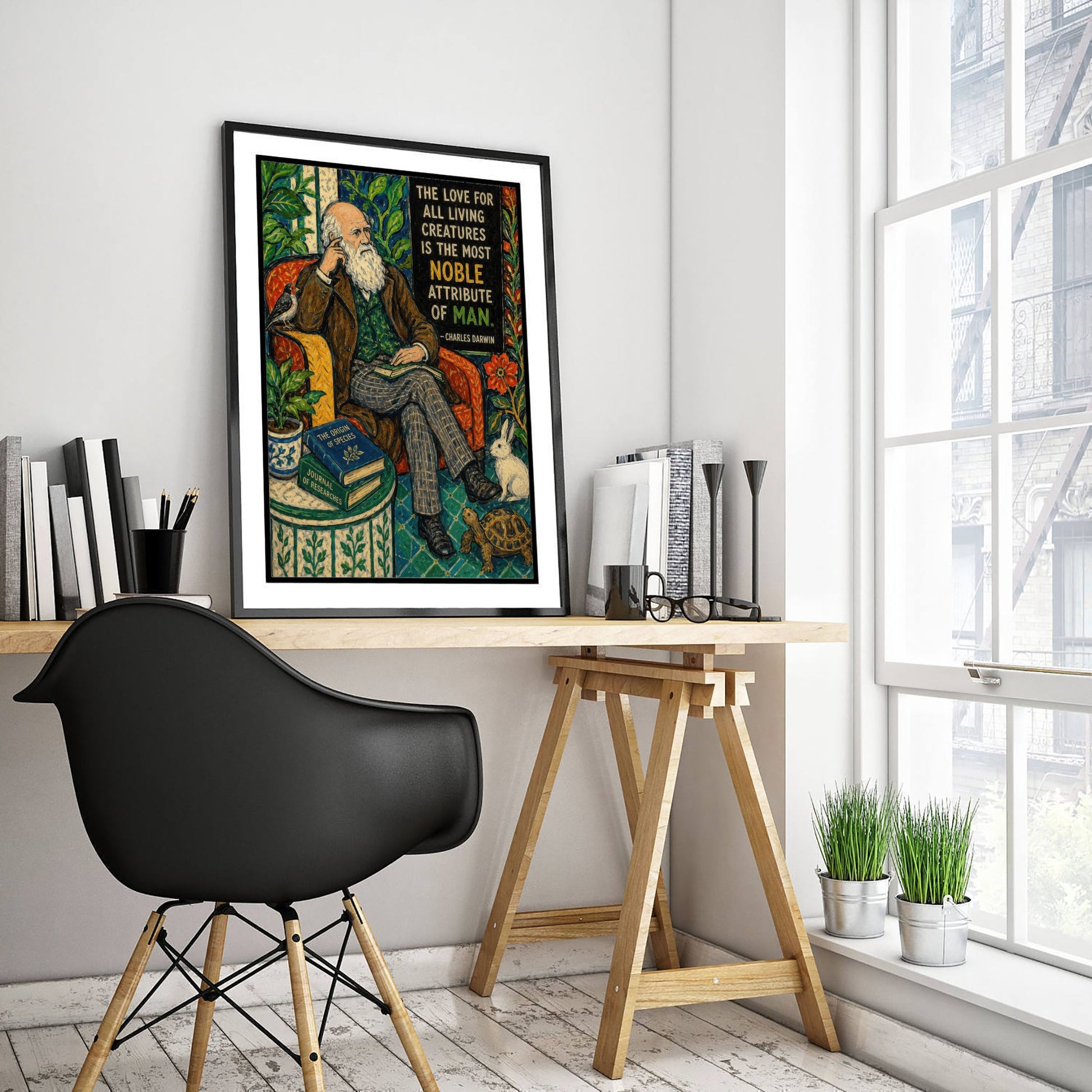 Charles Darwin Quote Art Print - Love for All Living Creatures Vegan Poster - Folk Art Illustration 2/3