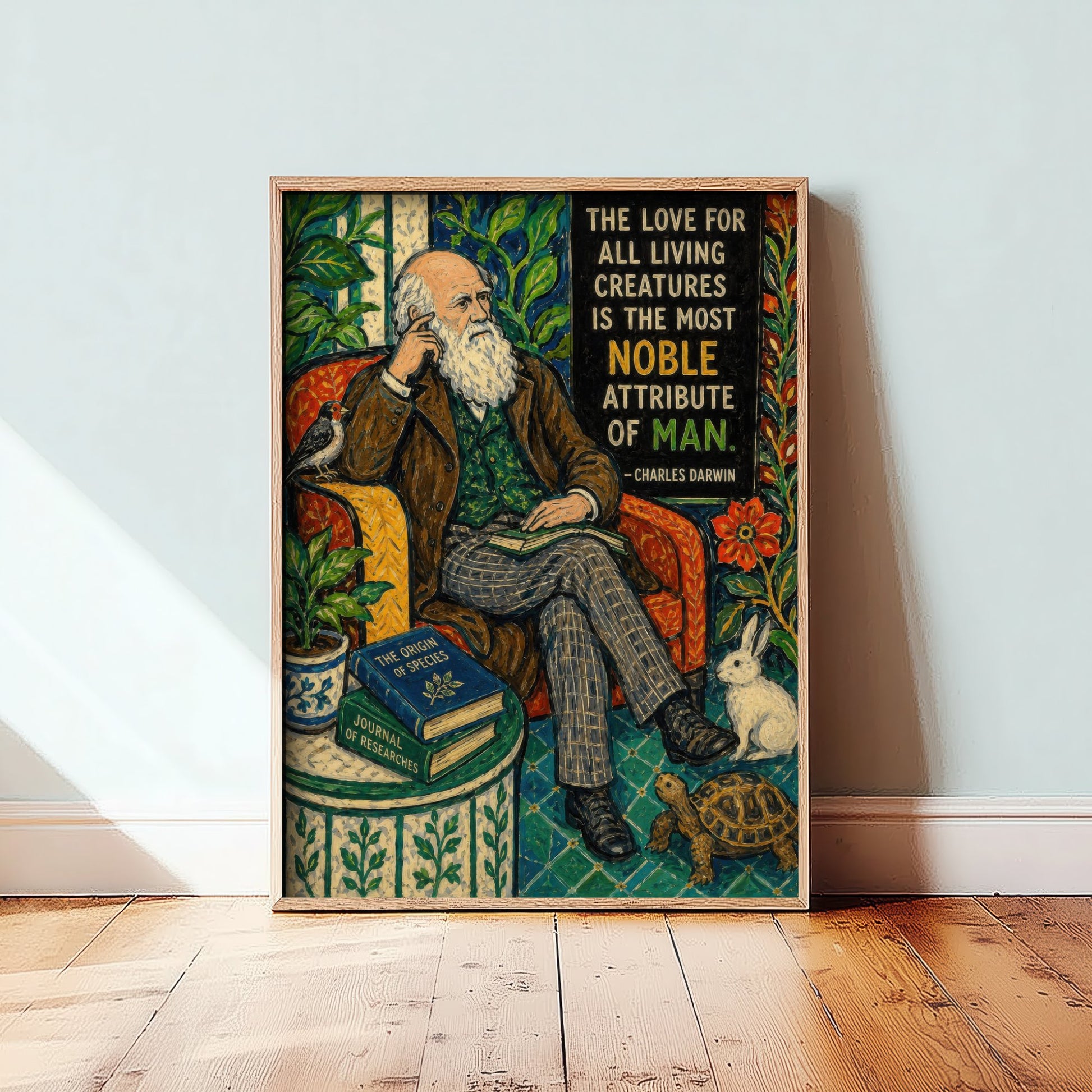 Charles Darwin Quote Art Print - Love for All Living Creatures Vegan Poster - Folk Art Illustration 2/3