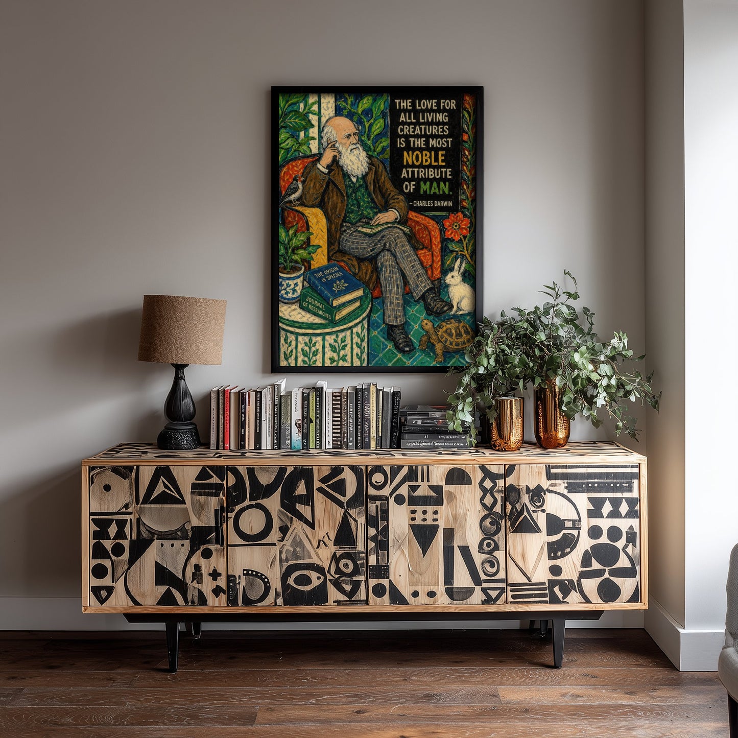 Charles Darwin Quote Art Print - Love for All Living Creatures Vegan Poster - Folk Art Illustration 2/3