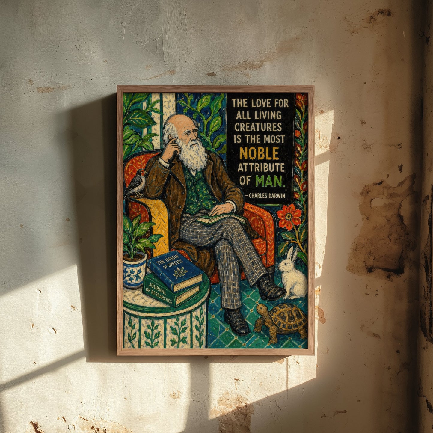 Charles Darwin Quote Art Print - Love for All Living Creatures Vegan Poster - Folk Art Illustration 2/3