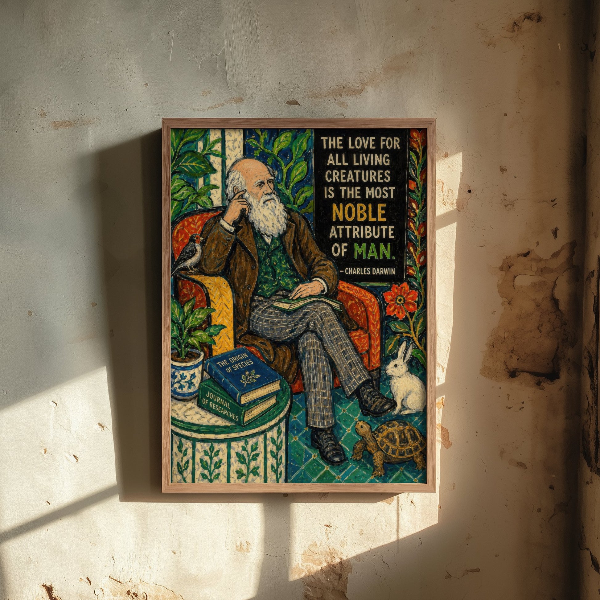 Charles Darwin Quote Art Print - Love for All Living Creatures Vegan Poster - Folk Art Illustration 2/3
