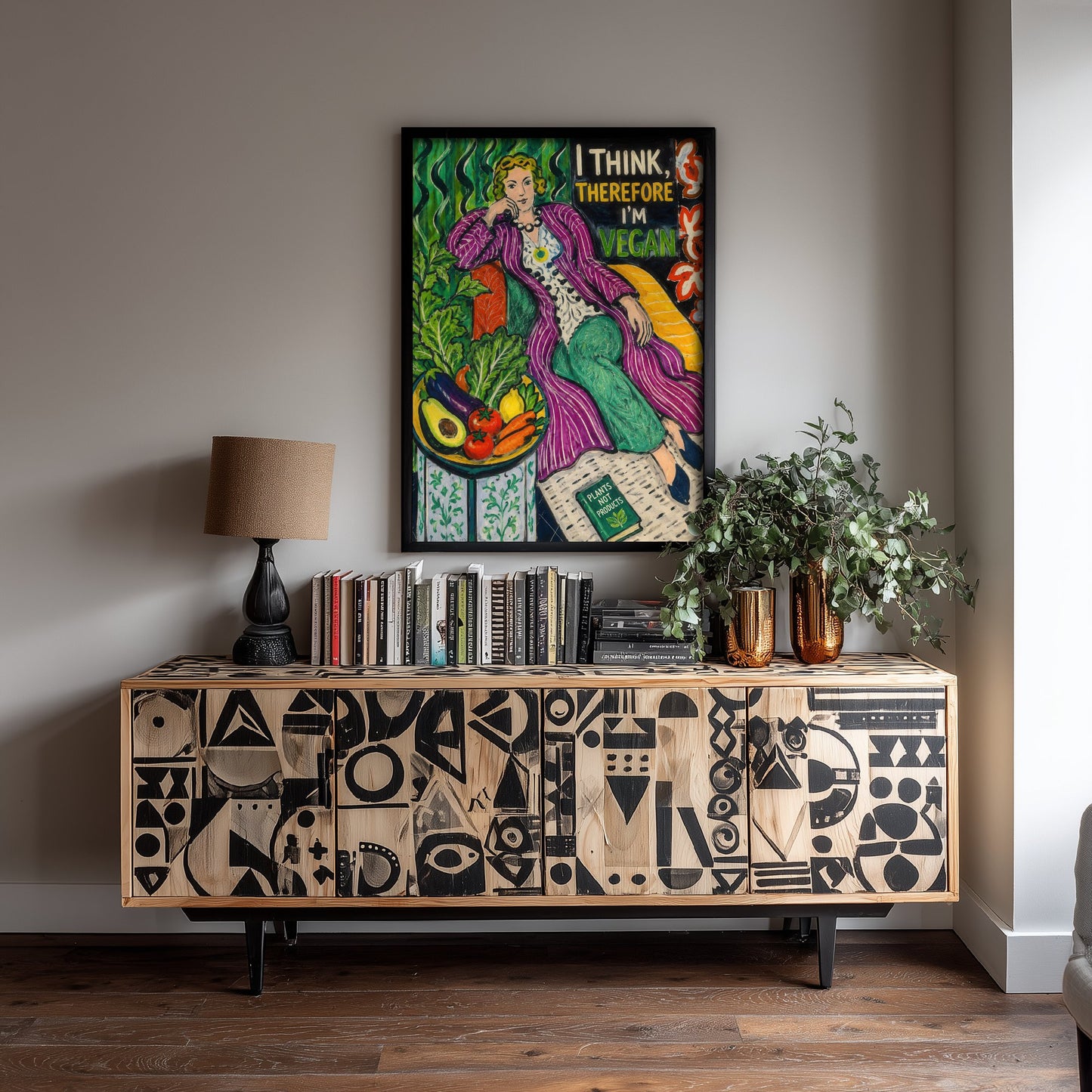 I Think Therefore I'm Vegan Art Print - Matisse Style Vegan Quote Poster - Folk Art Illustration 3/3
