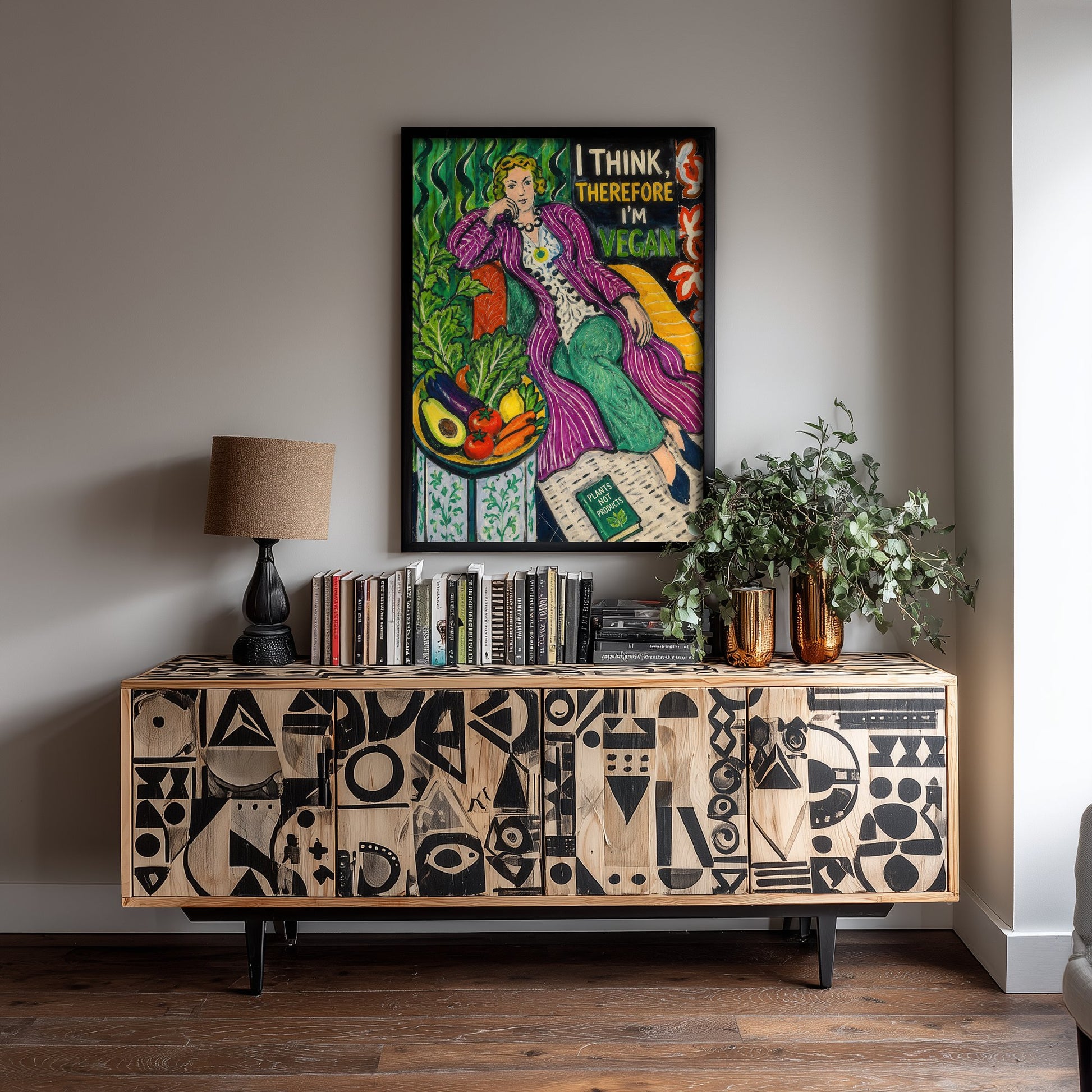 I Think Therefore I'm Vegan Art Print - Matisse Style Vegan Quote Poster - Folk Art Illustration 3/3