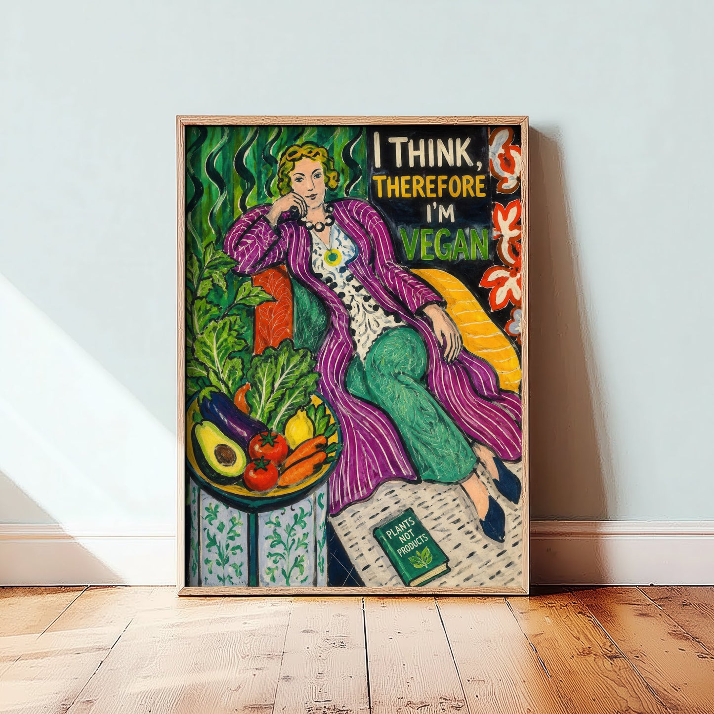 I Think Therefore I'm Vegan Art Print - Matisse Style Vegan Quote Poster - Folk Art Illustration 3/3
