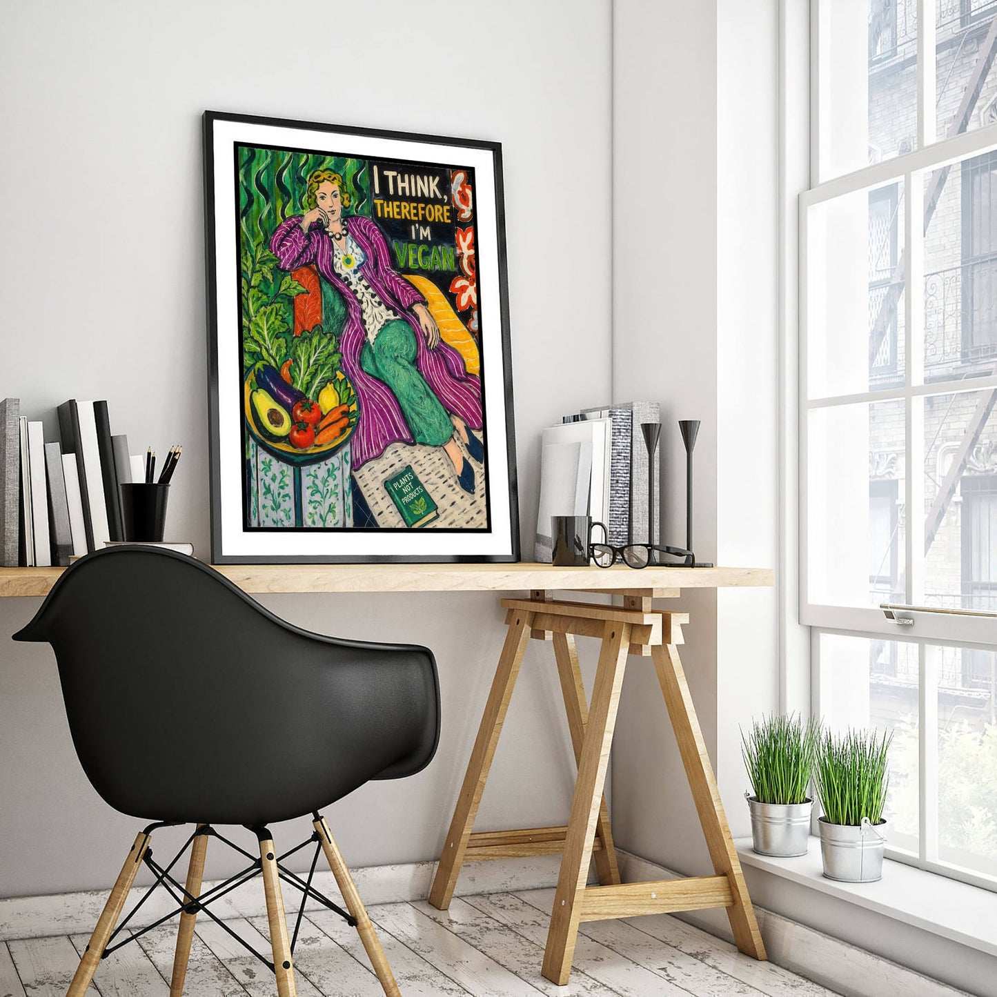 I Think Therefore I'm Vegan Art Print - Matisse Style Vegan Quote Poster - Folk Art Illustration 3/3