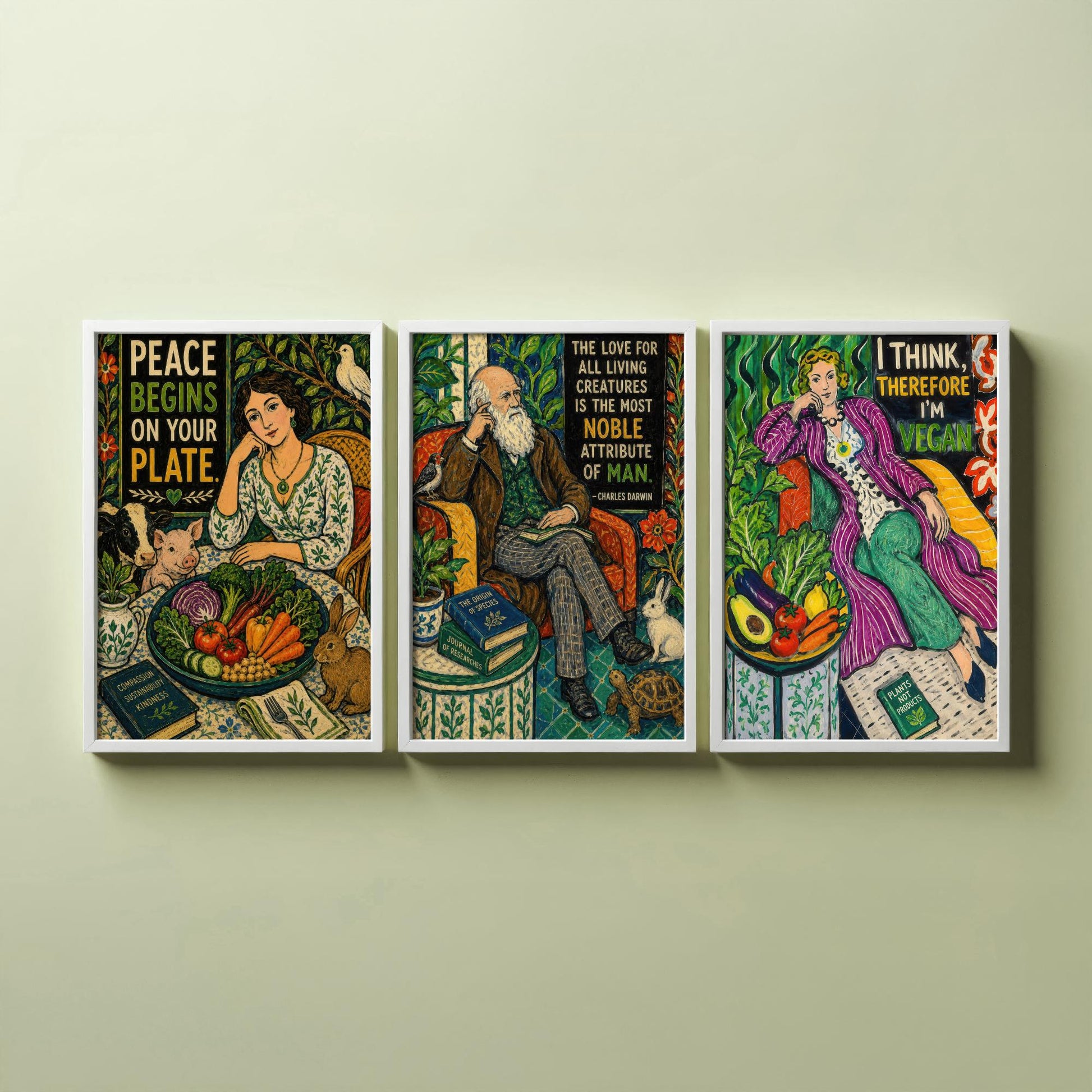 Peace Begins on Your Plate Set of Three Art Prints | Darwin Quote Think Therefore Vegan | Folk Art Poster Painting
