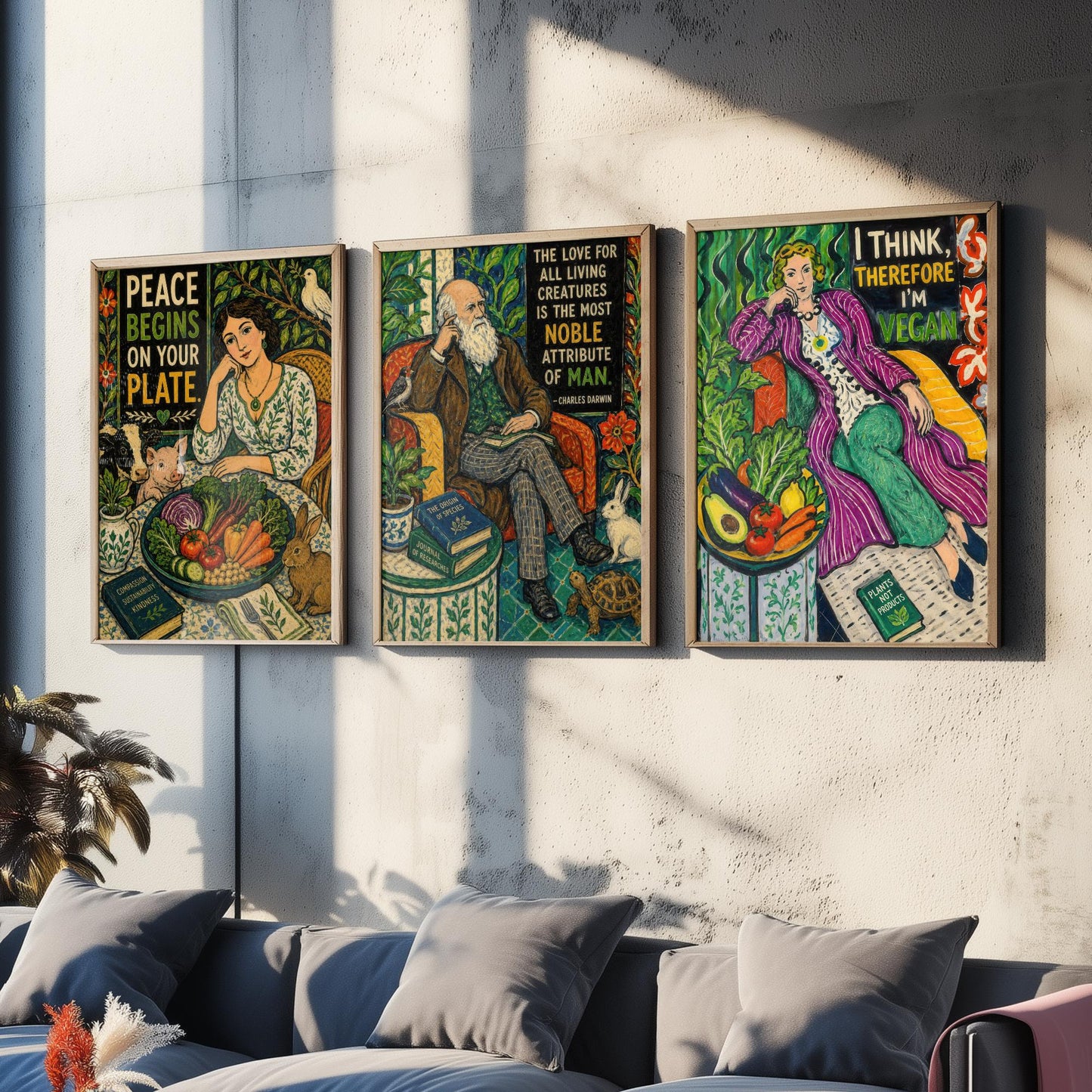 Peace Begins on Your Plate Set of Three Art Prints | Darwin Quote Think Therefore Vegan | Folk Art Poster Painting