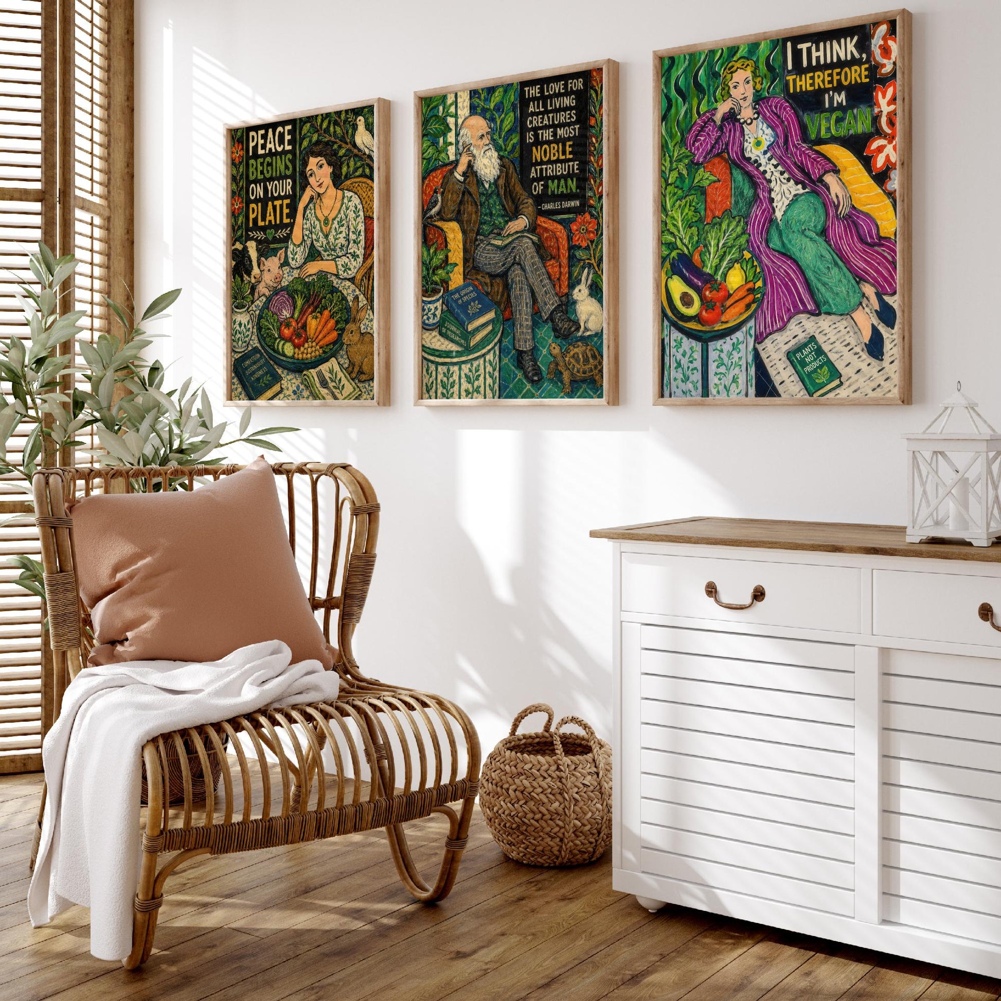 Peace Begins on Your Plate Set of Three Art Prints | Darwin Quote Think Therefore Vegan | Folk Art Poster Painting
