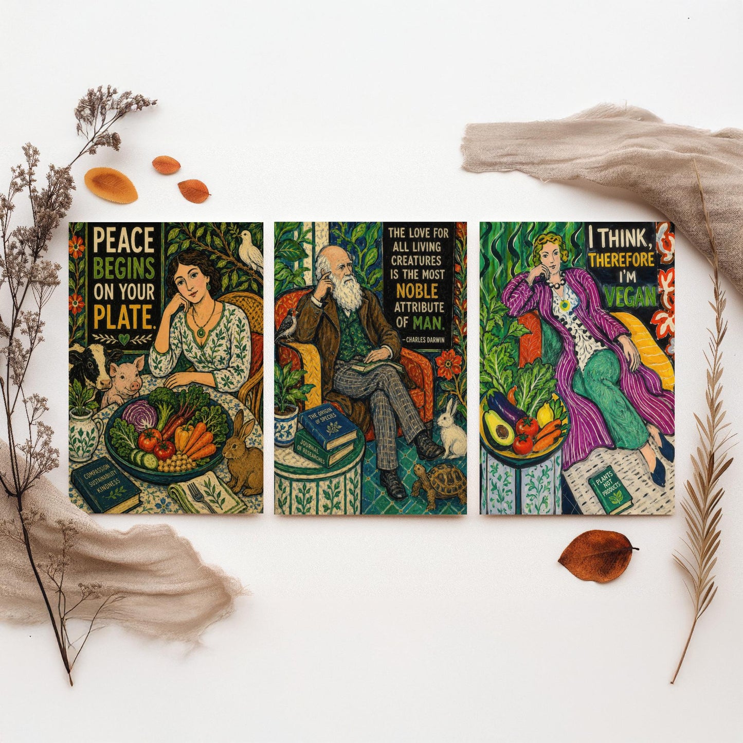 Peace Begins on Your Plate Set of Three Art Prints | Darwin Quote Think Therefore Vegan | Folk Art Poster Painting