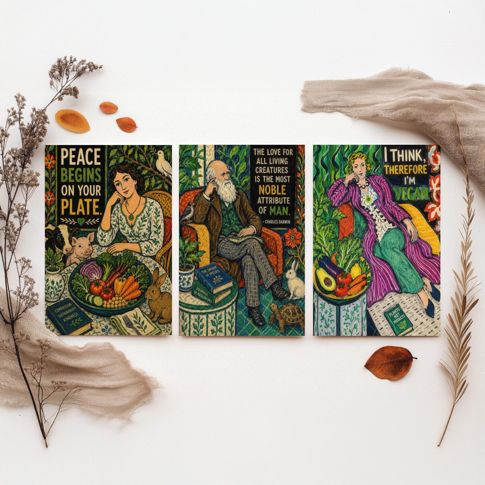 Peace Begins on Your Plate Set of Three Art Prints | Darwin Quote Think Therefore Vegan | Folk Art Poster Painting