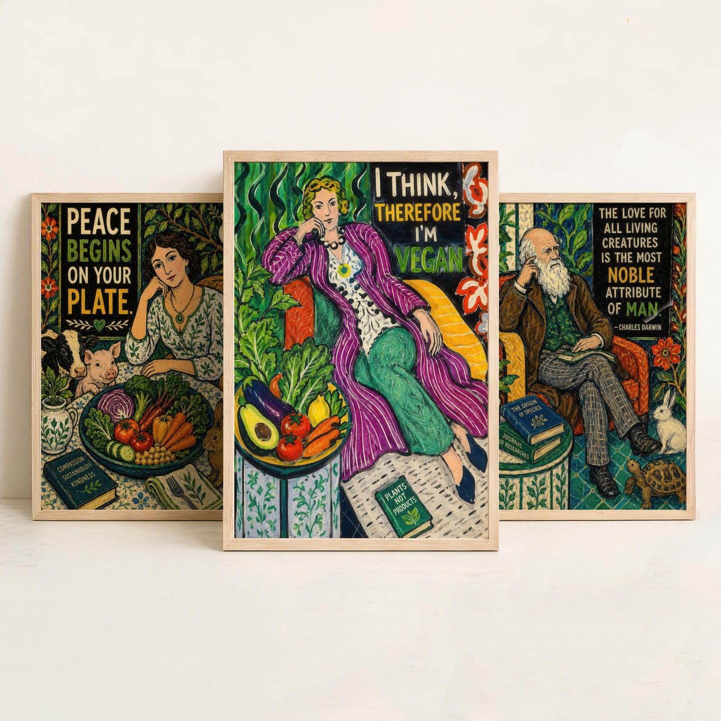 Peace Begins on Your Plate Set of Three Art Prints | Darwin Quote Think Therefore Vegan | Folk Art Poster Painting