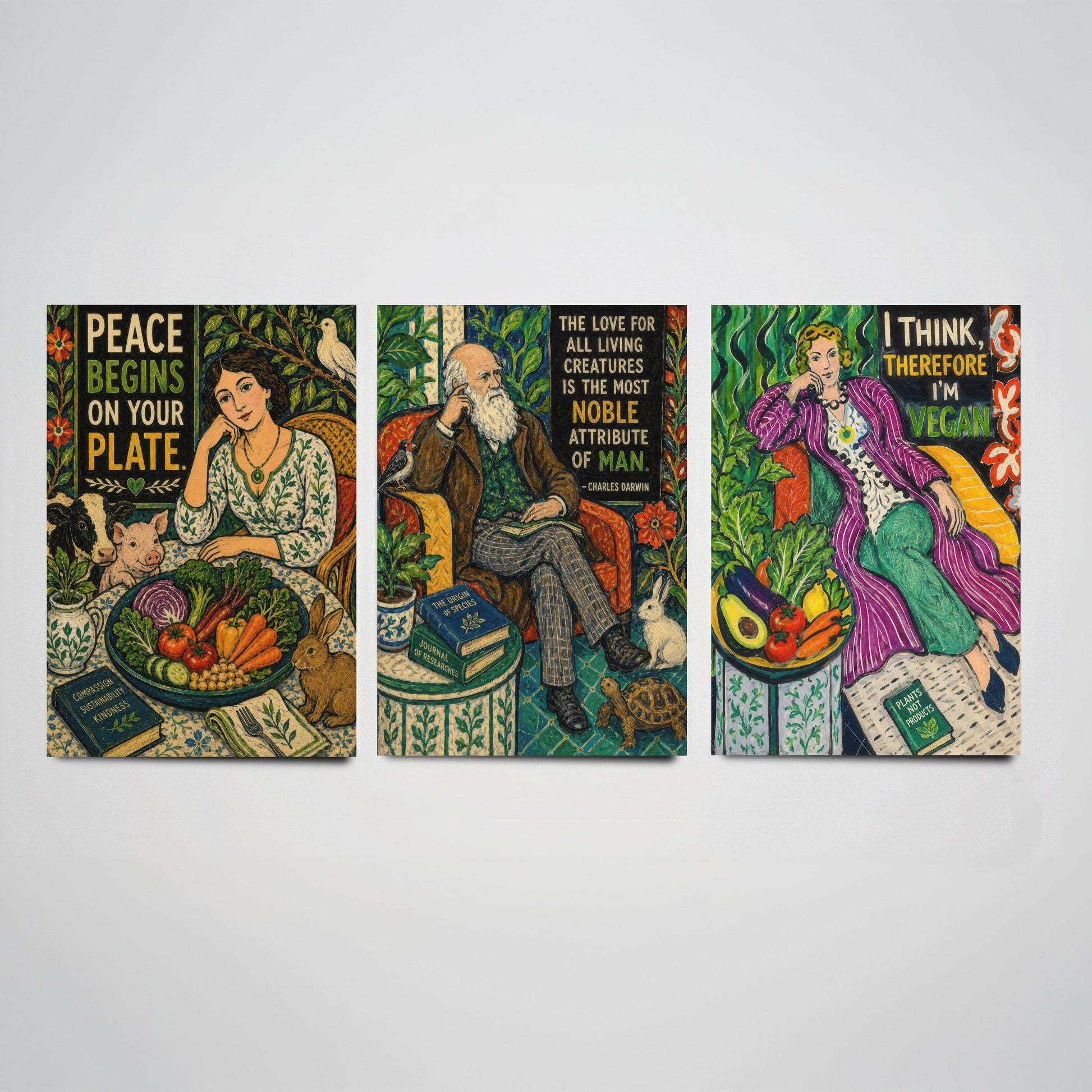 Peace Begins on Your Plate Set of Three Art Prints | Darwin Quote Think Therefore Vegan | Folk Art Poster Painting