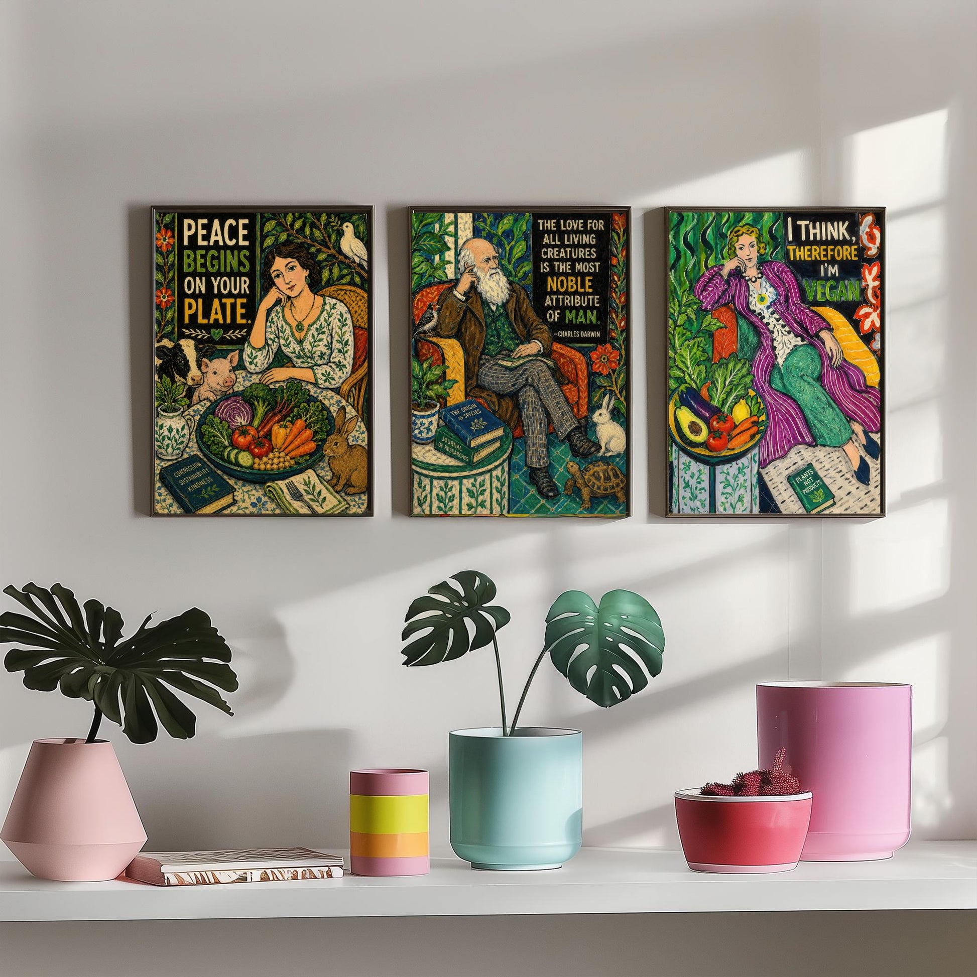 Peace Begins on Your Plate Set of Three Art Prints | Darwin Quote Think Therefore Vegan | Folk Art Poster Painting