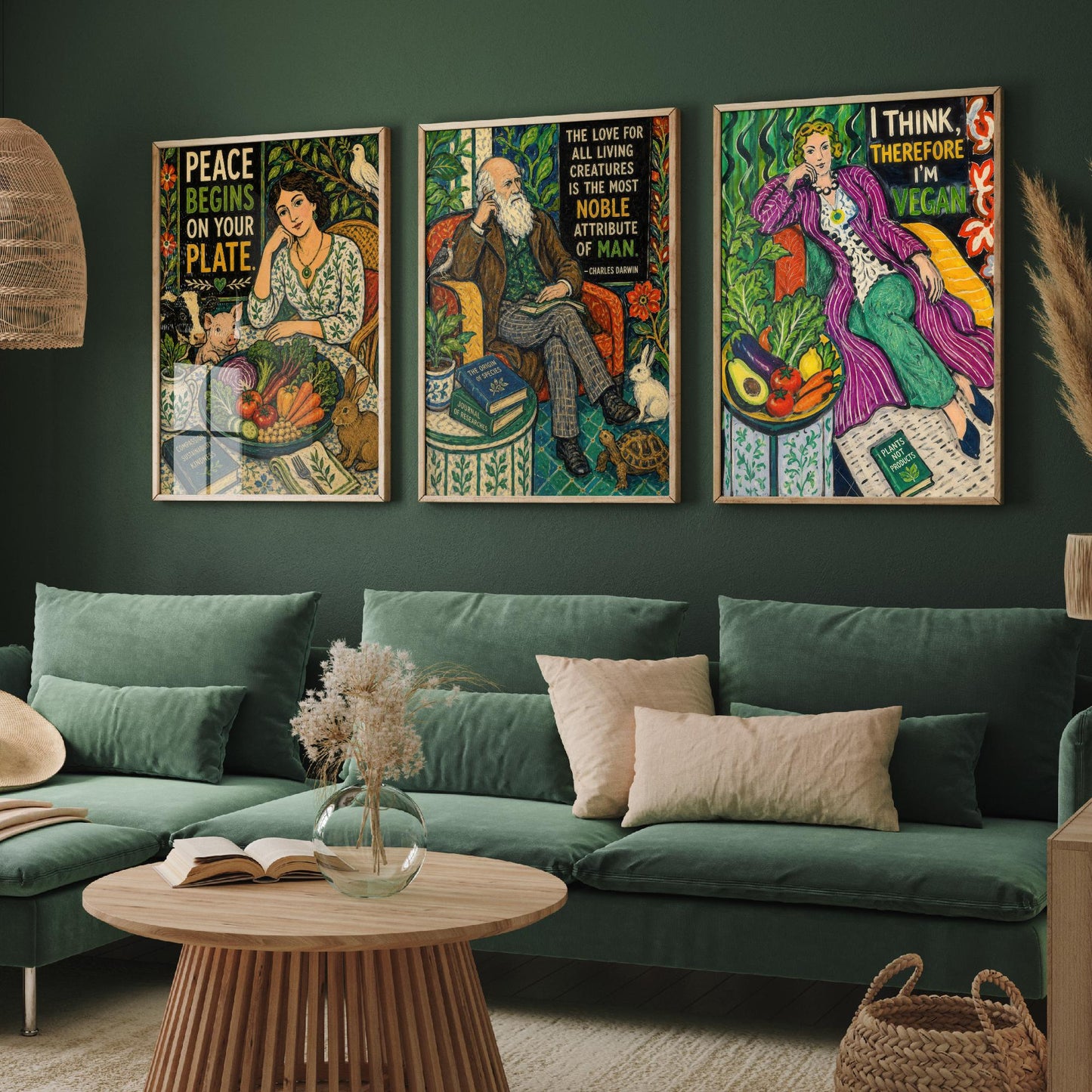 Peace Begins on Your Plate Set of Three Art Prints | Darwin Quote Think Therefore Vegan | Folk Art Poster Painting