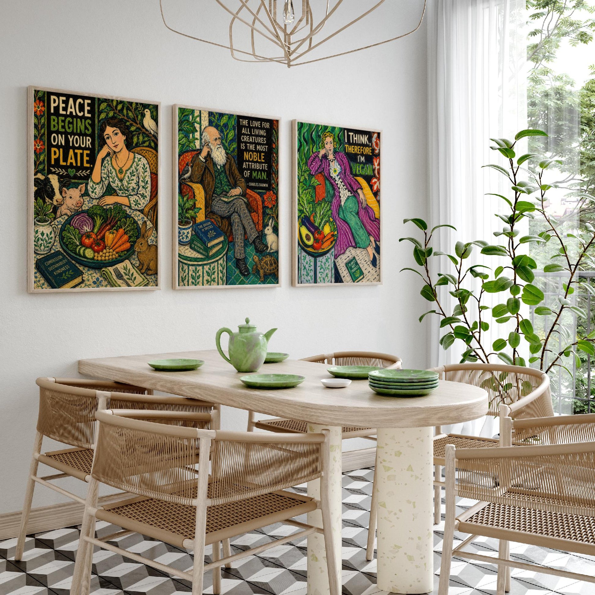 Peace Begins on Your Plate Set of Three Art Prints | Darwin Quote Think Therefore Vegan | Folk Art Poster Painting