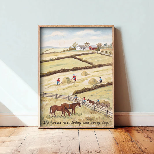 Horses Rest Folk Art Painting - Vegan Hay Harvest Art Print - Naive Americana Farm Poster - The Horses Rest Today and Every Day 1/3