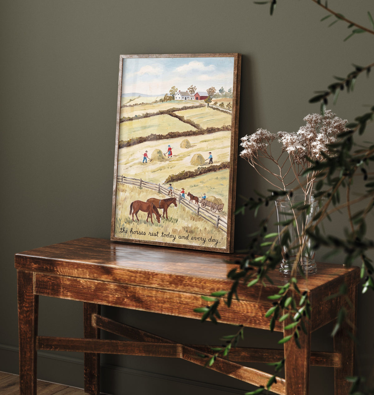 Horses Rest Folk Art Painting - Vegan Hay Harvest Art Print - Naive Americana Farm Poster - The Horses Rest Today and Every Day 1/3