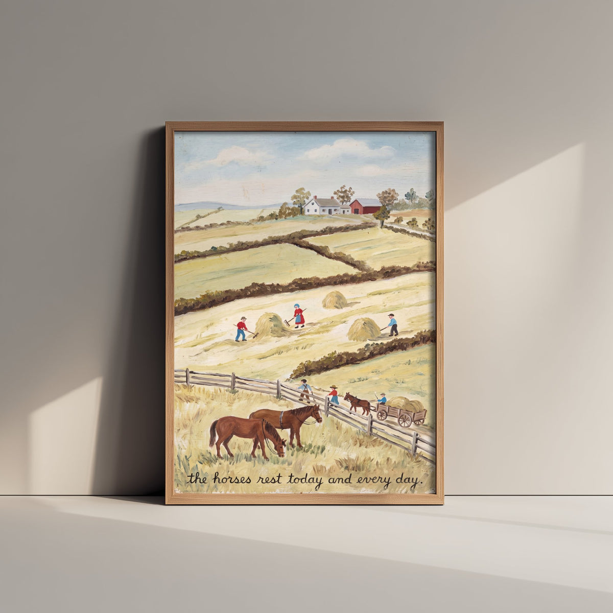 Horses Rest Folk Art Painting - Vegan Hay Harvest Art Print - Naive Americana Farm Poster - The Horses Rest Today and Every Day 1/3