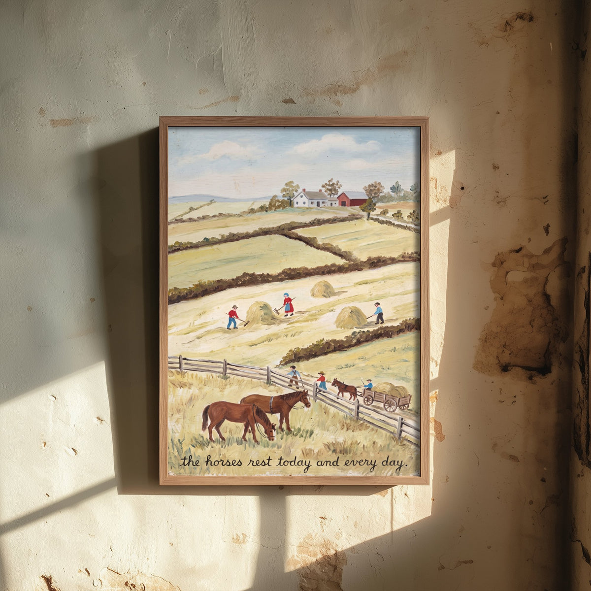 Horses Rest Folk Art Painting - Vegan Hay Harvest Art Print - Naive Americana Farm Poster - The Horses Rest Today and Every Day 1/3
