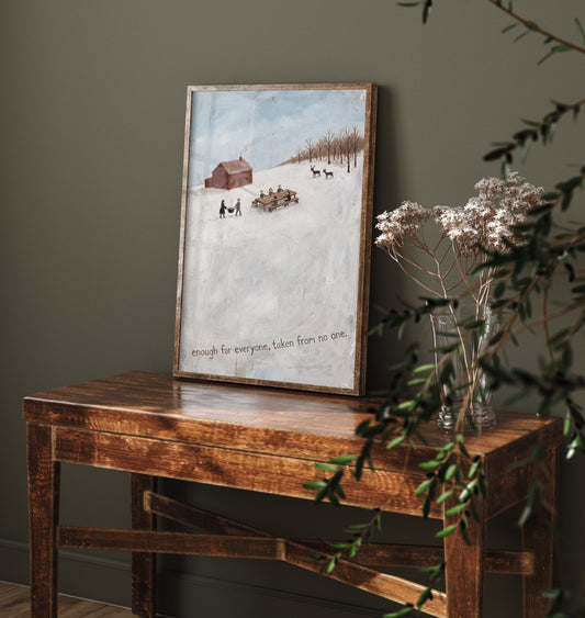 Enough for Everyone Vegan Folk Painting - Winter Farm Feast Art Print - Naive Americana Snow Scene Poster - Communal Table and Deer 2/3