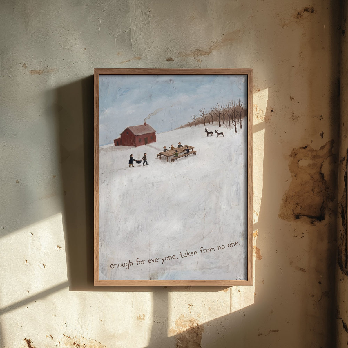 Enough for Everyone Vegan Folk Painting - Winter Farm Feast Art Print - Naive Americana Snow Scene Poster - Communal Table and Deer 2/3