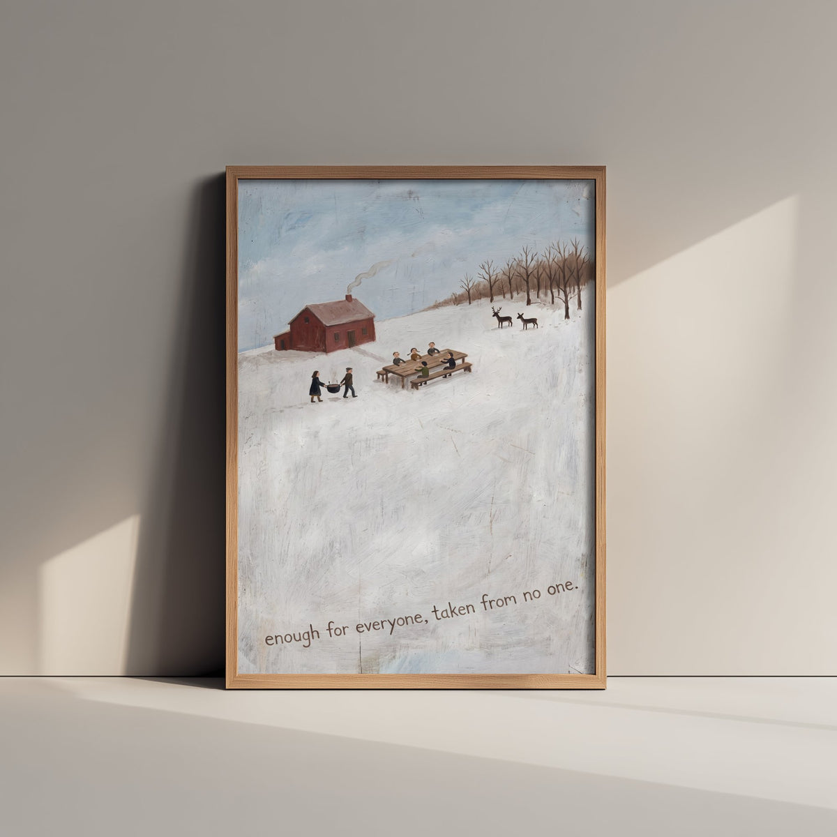 Enough for Everyone Vegan Folk Painting - Winter Farm Feast Art Print - Naive Americana Snow Scene Poster - Communal Table and Deer 2/3