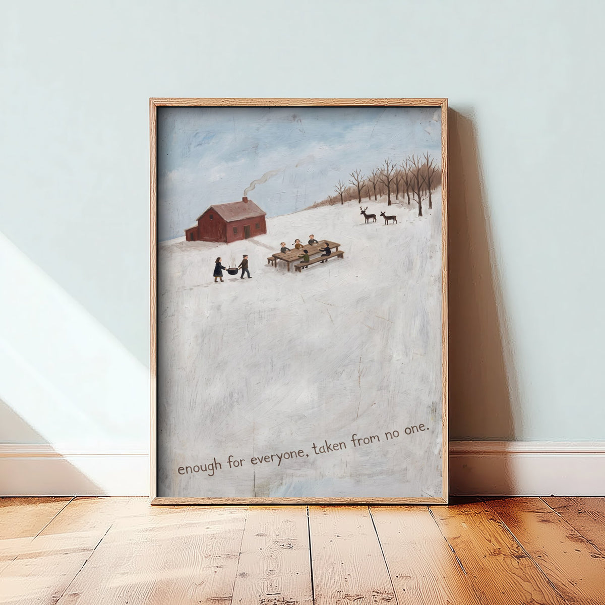 Enough for Everyone Vegan Folk Painting - Winter Farm Feast Art Print - Naive Americana Snow Scene Poster - Communal Table and Deer 2/3