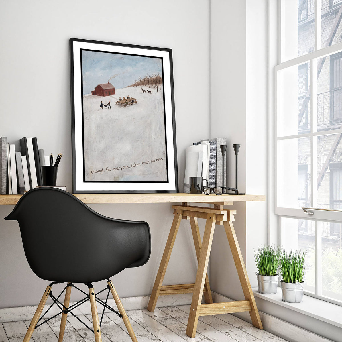 Enough for Everyone Vegan Folk Painting - Winter Farm Feast Art Print - Naive Americana Snow Scene Poster - Communal Table and Deer 2/3