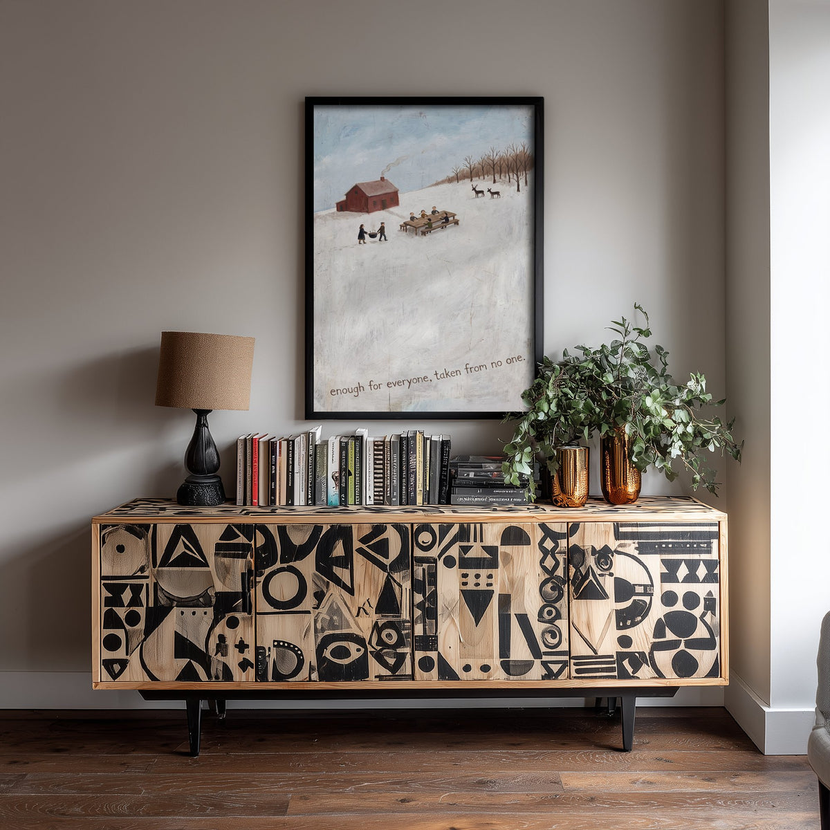 Enough for Everyone Vegan Folk Painting - Winter Farm Feast Art Print - Naive Americana Snow Scene Poster - Communal Table and Deer 2/3