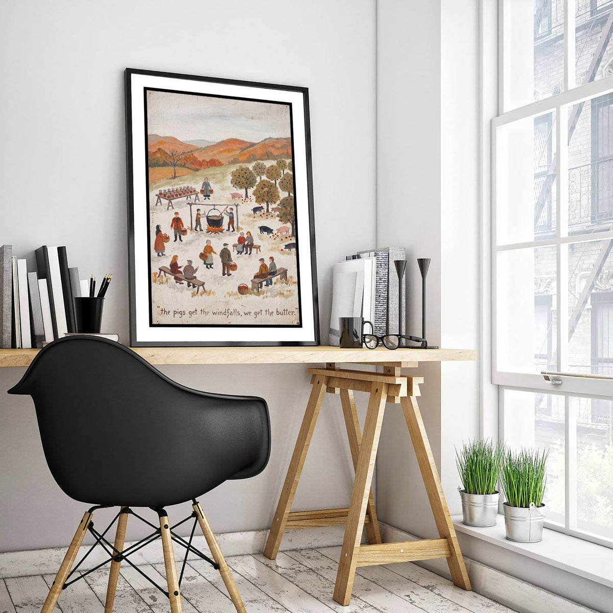 The Pigs Get the Windfalls Folk Painting - Vegan Autumn Orchard Art Print - Naive Americana Apple Harvest Poster 3/3