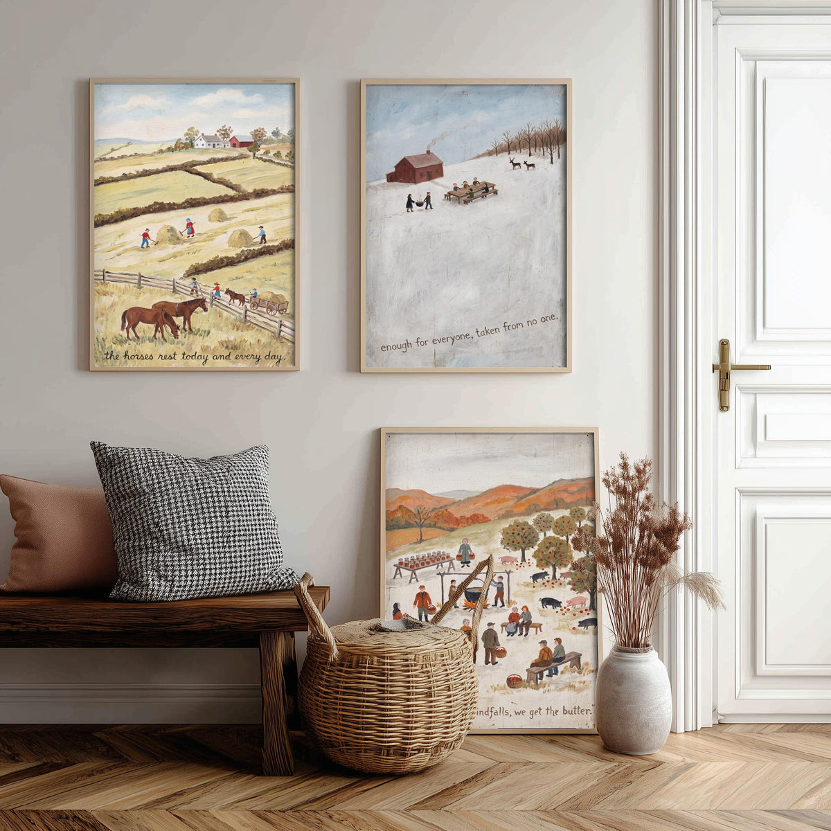 Vegan Folk Art Set of Three Prints - Naive Farm Paintings - Horses, Winter Table, Orchard Pigs - Kind Harvest Quote Posters