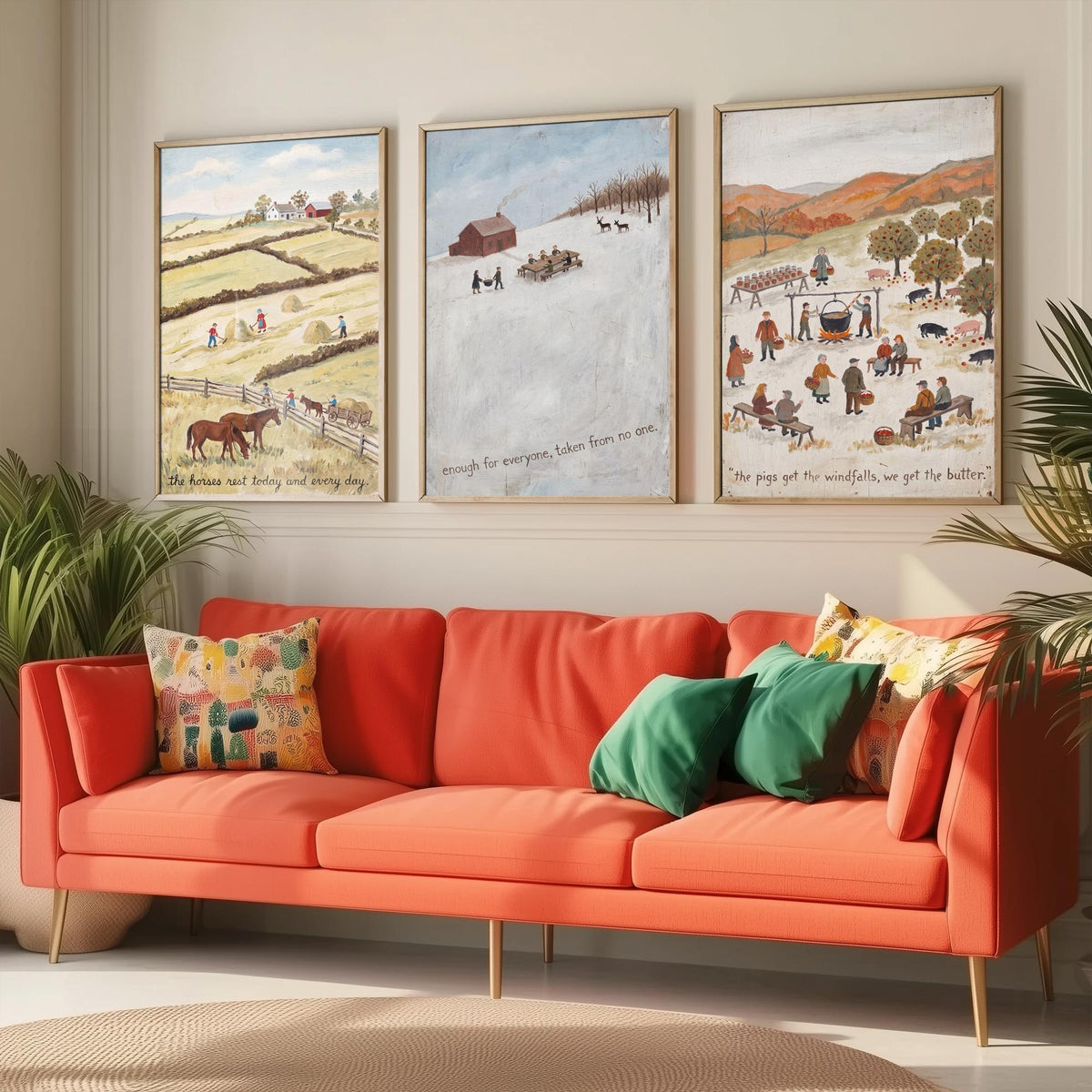 Vegan Folk Art Set of Three Prints - Naive Farm Paintings - Horses, Winter Table, Orchard Pigs - Kind Harvest Quote Posters