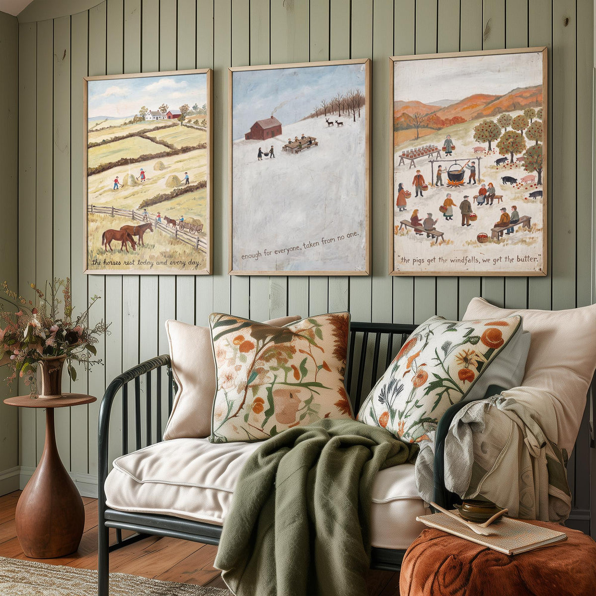 Vegan Folk Art Set of Three Prints - Naive Farm Paintings - Horses, Winter Table, Orchard Pigs - Kind Harvest Quote Posters