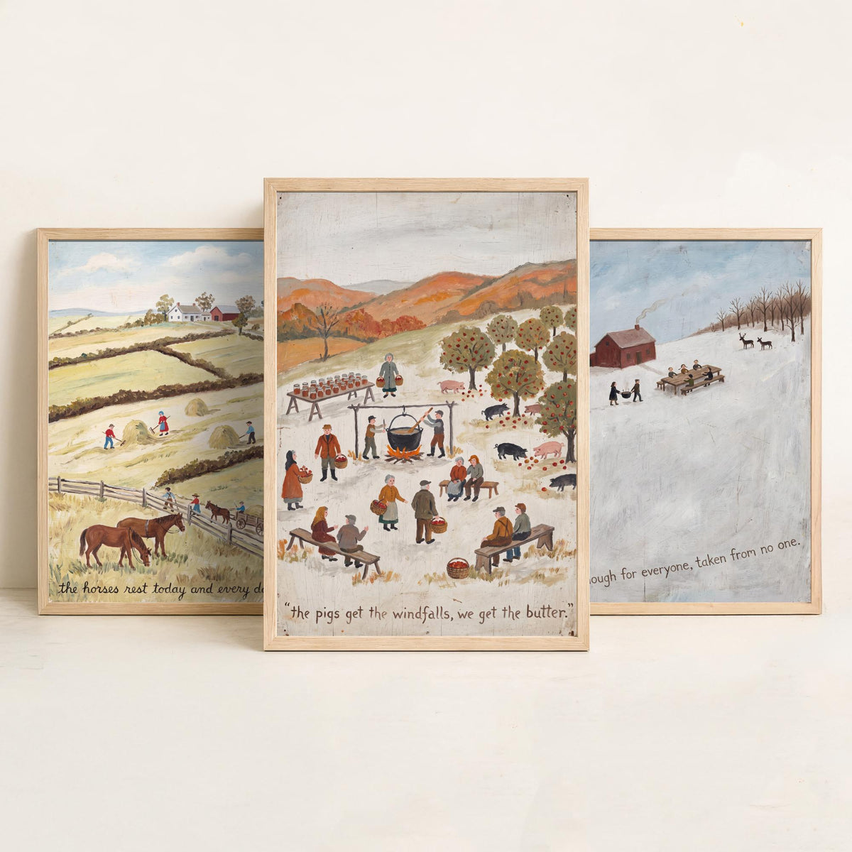 Vegan Folk Art Set of Three Prints - Naive Farm Paintings - Horses, Winter Table, Orchard Pigs - Kind Harvest Quote Posters