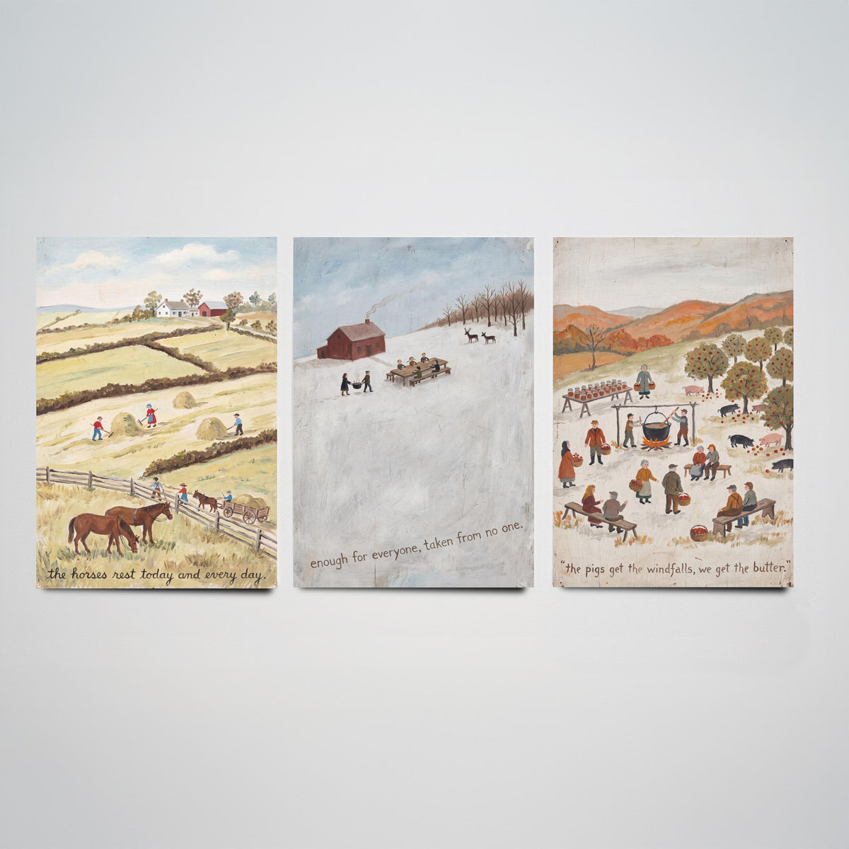 Vegan Folk Art Set of Three Prints - Naive Farm Paintings - Horses, Winter Table, Orchard Pigs - Kind Harvest Quote Posters