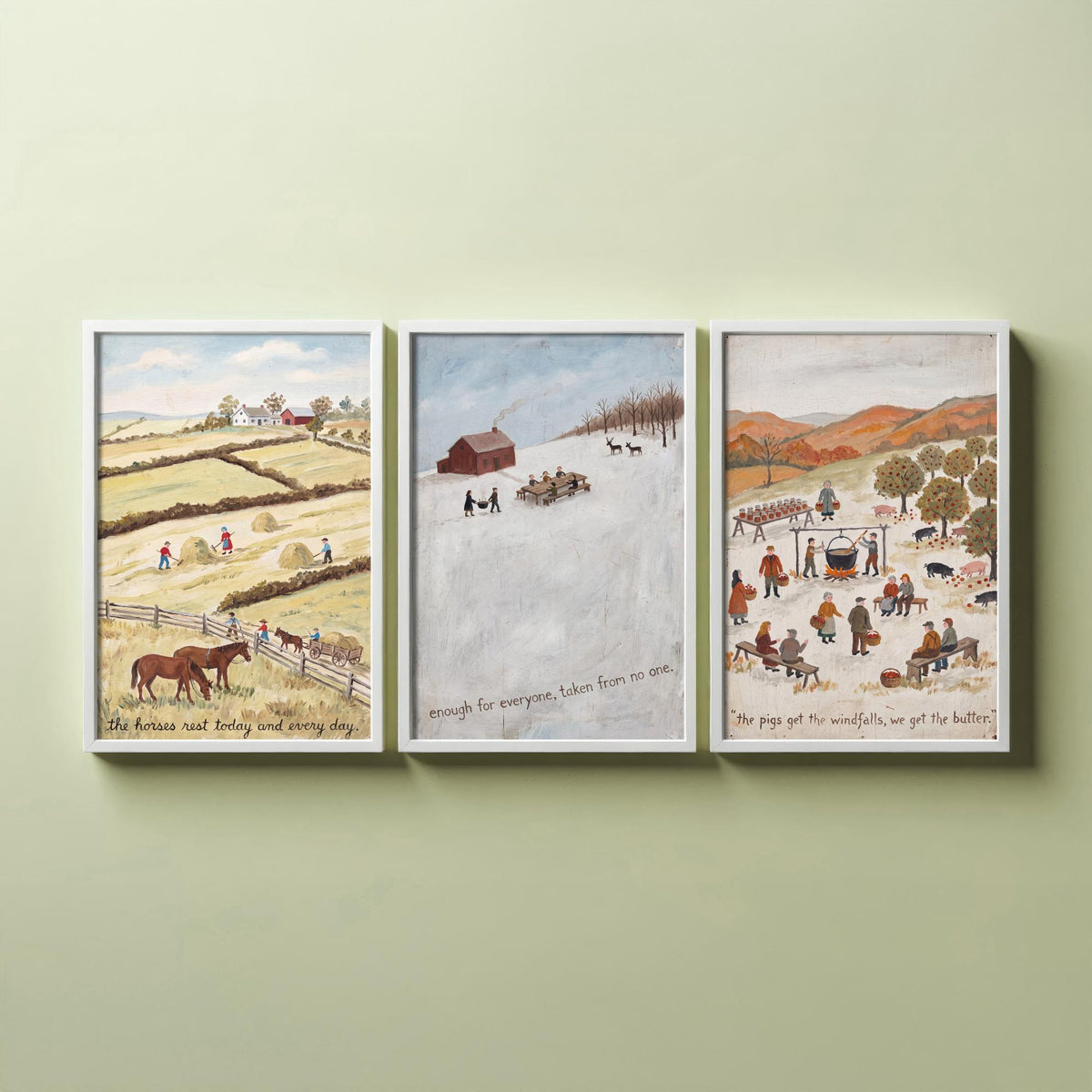 Vegan Folk Art Set of Three Prints - Naive Farm Paintings - Horses, Winter Table, Orchard Pigs - Kind Harvest Quote Posters