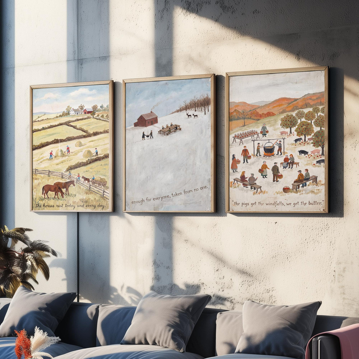 Vegan Folk Art Set of Three Prints - Naive Farm Paintings - Horses, Winter Table, Orchard Pigs - Kind Harvest Quote Posters