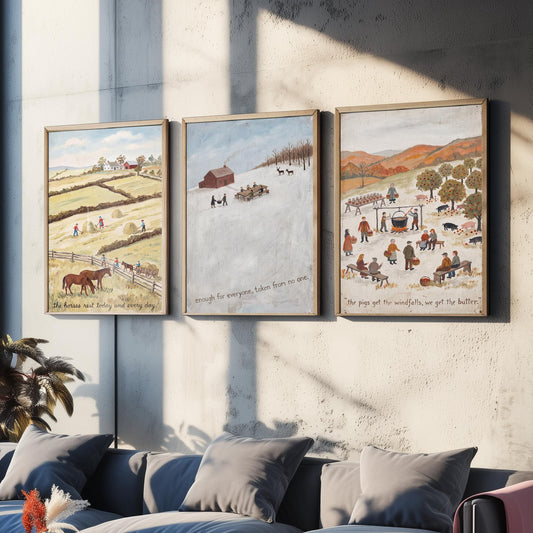 Vegan Folk Art Set of Three Prints - Naive Farm Paintings - Horses, Winter Table, Orchard Pigs - Kind Harvest Quote Posters