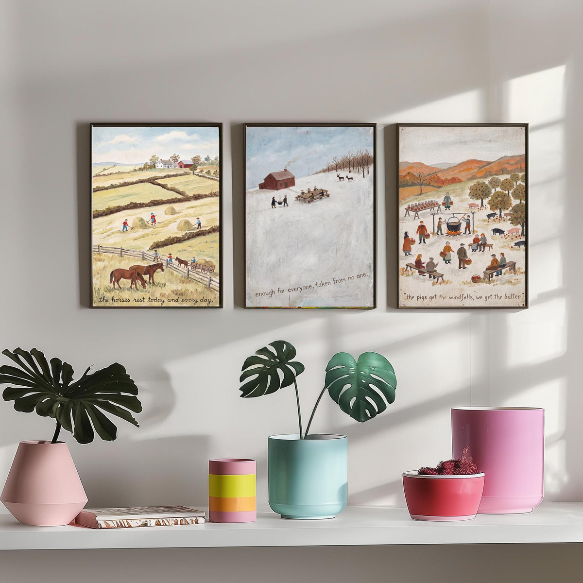 Vegan Folk Art Set of Three Prints - Naive Farm Paintings - Horses, Winter Table, Orchard Pigs - Kind Harvest Quote Posters