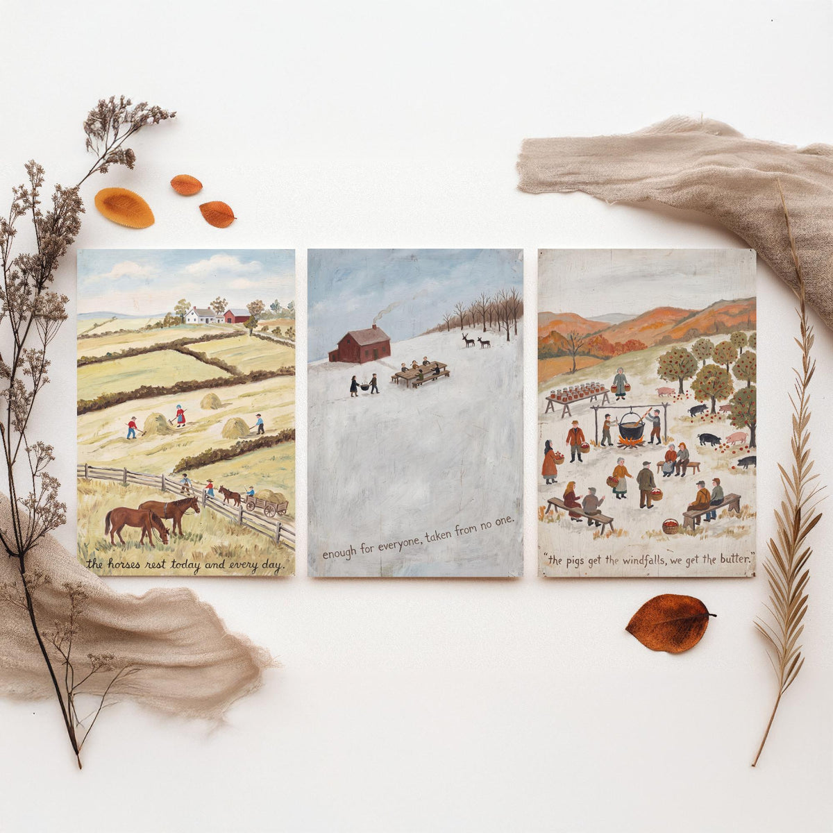 Vegan Folk Art Set of Three Prints - Naive Farm Paintings - Horses, Winter Table, Orchard Pigs - Kind Harvest Quote Posters