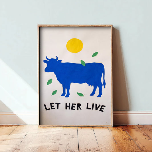 Let Her Live Blue Cow Art Print - Vegan Cut Paper Collage Illustration - Gouache Poster - Cow Under Yellow Sun 1/3