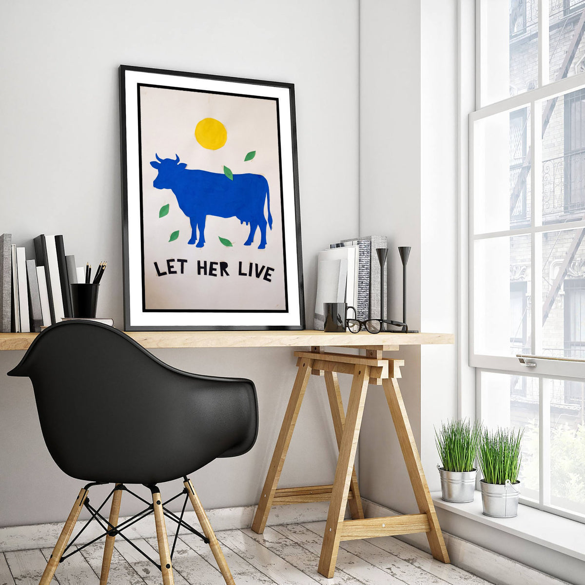 Let Her Live Blue Cow Art Print - Vegan Cut Paper Collage Illustration - Gouache Poster - Cow Under Yellow Sun 1/3