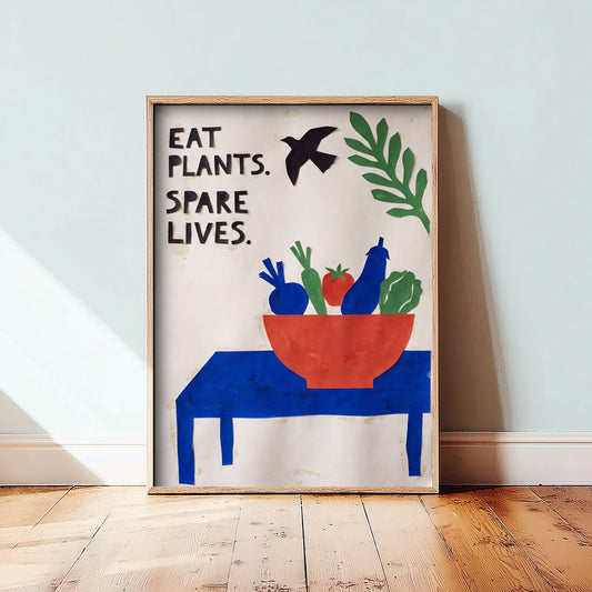 Eat Plants Spare Lives Art Print - Vegan Kitchen Poster - Cut Paper Vegetable Bowl Illustration - Gouache Collage 2/3