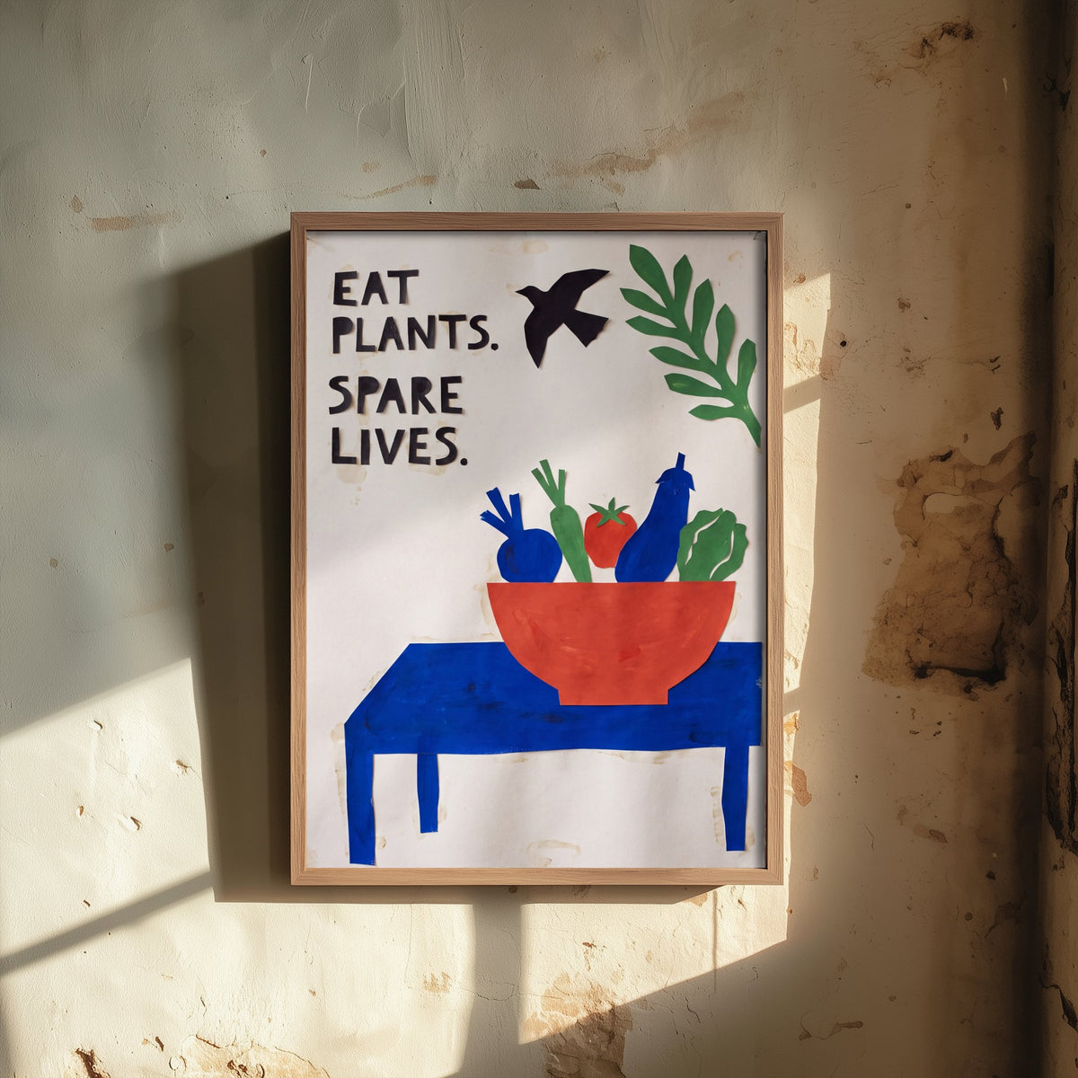 Eat Plants Spare Lives Art Print - Vegan Kitchen Poster - Cut Paper Vegetable Bowl Illustration - Gouache Collage 2/3