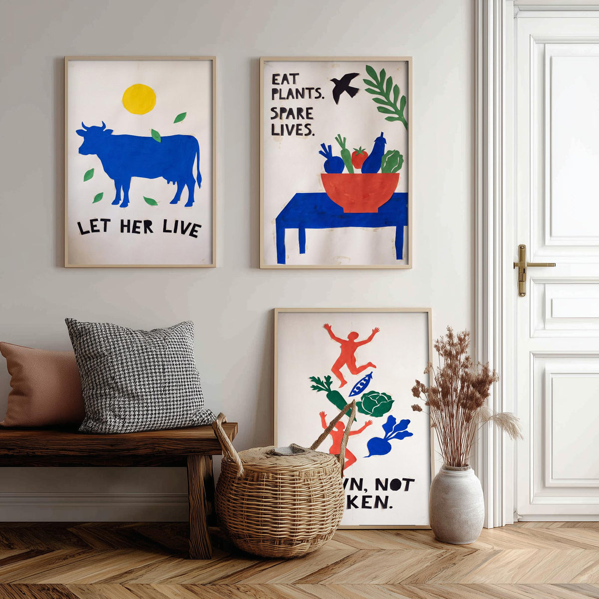 Let Her Live Set of Three Art Prints - Vegan Cut Paper Posters - Blue Cow, Vegetable Bowl, Grown Not Taken - Bold Illustration