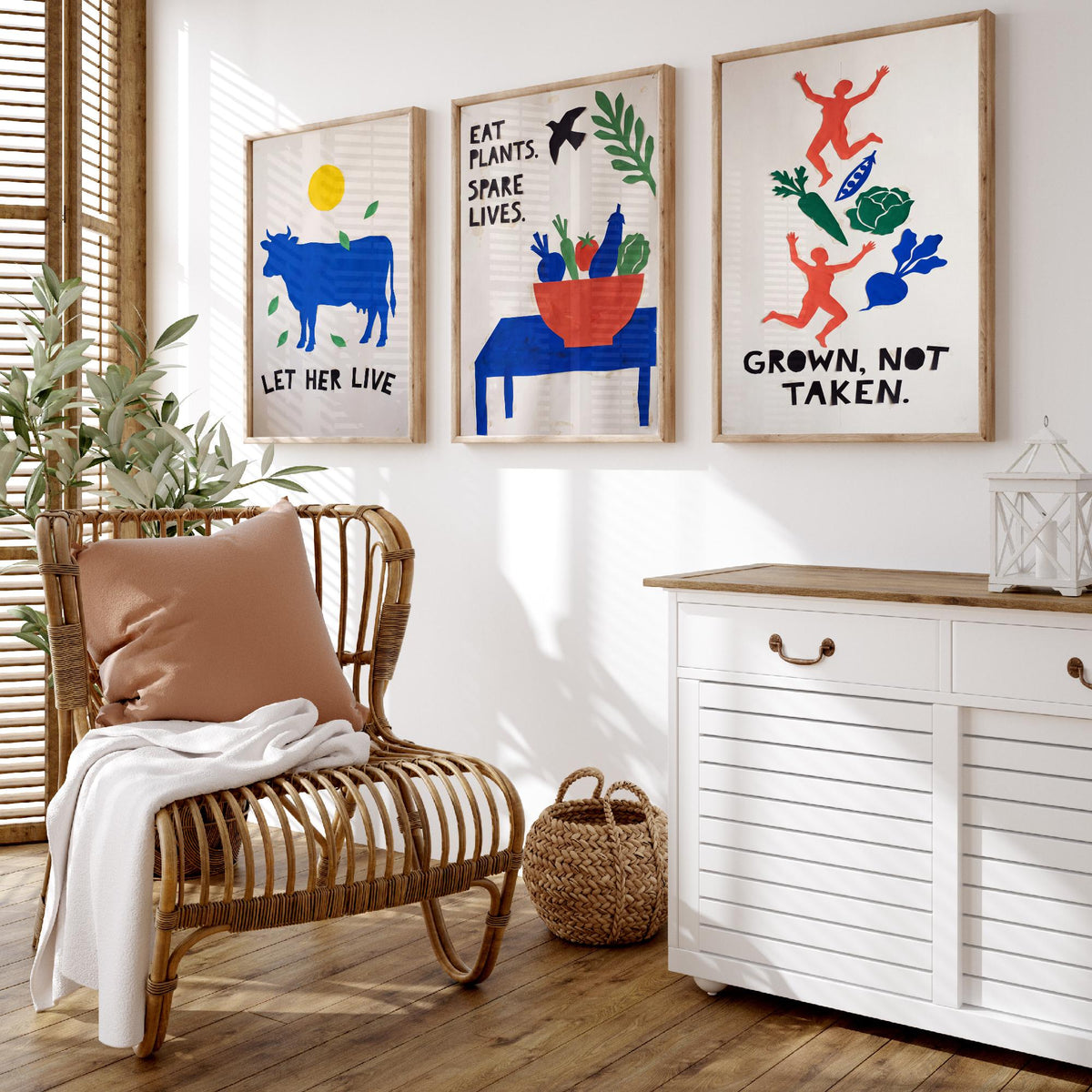 Let Her Live Set of Three Art Prints - Vegan Cut Paper Posters - Blue Cow, Vegetable Bowl, Grown Not Taken - Bold Illustration